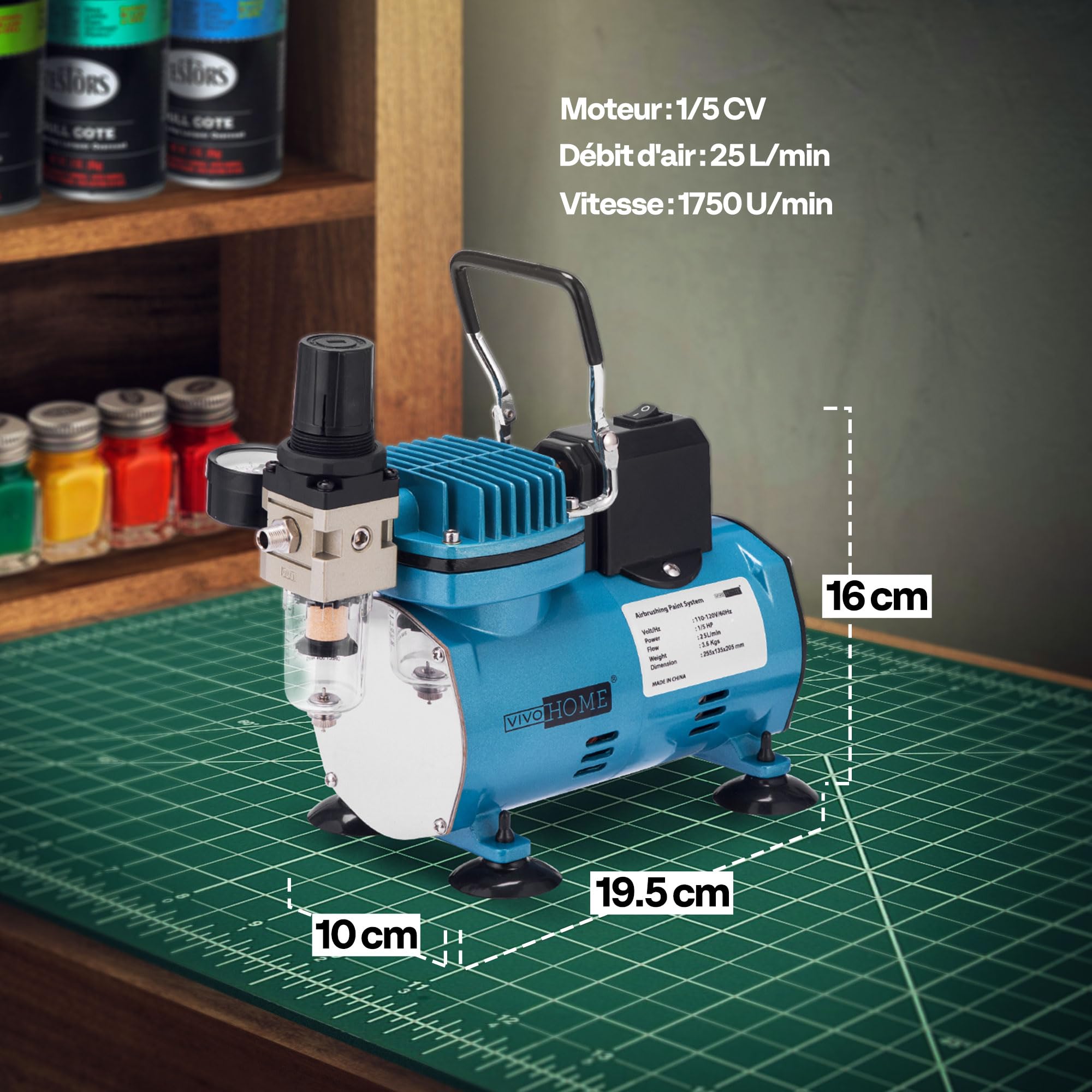 VIVOHOME Compresseur Air Professionnel 1/5 CV avec 3 Pistolets Aérographe Double Action Alimentation par Gravité et Siphon Silencieux avec Support et Brosse Bleu