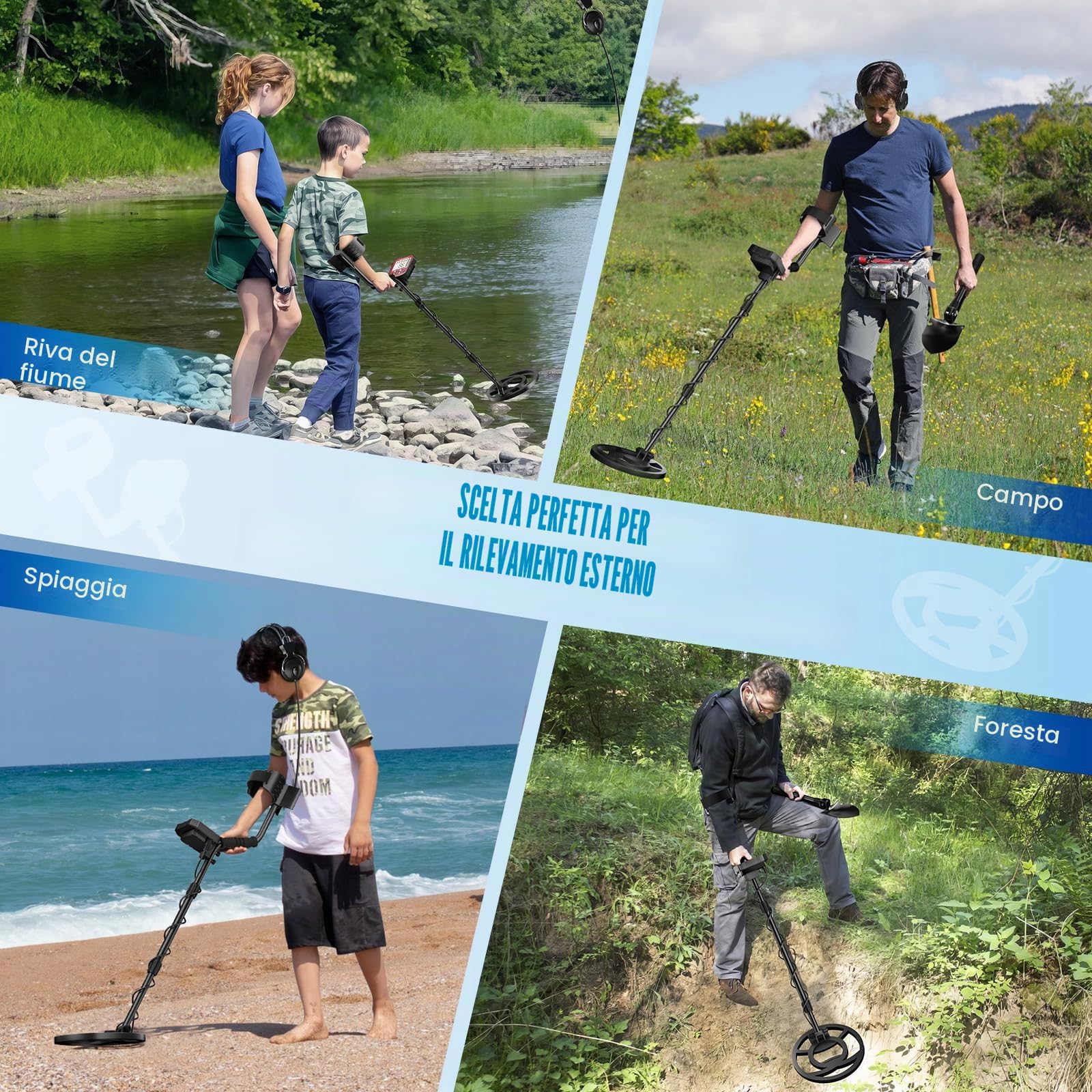 Metal Detector ad Alta Precisione, Lunghezza Regolabile 113 cm - 141 cm, 5 Modalità, Metal Detector Professionale con Schermo LCD, Bobina di Ricerca Impermeabile IP68 per Adulti & Bambini