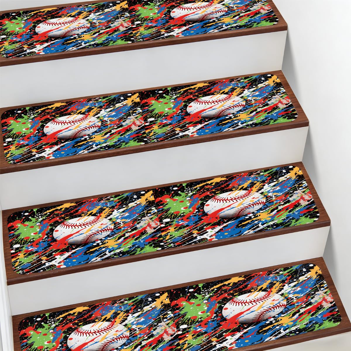 Alfombra antideslizante para escaleras interiores con estampado de béisbol colorido