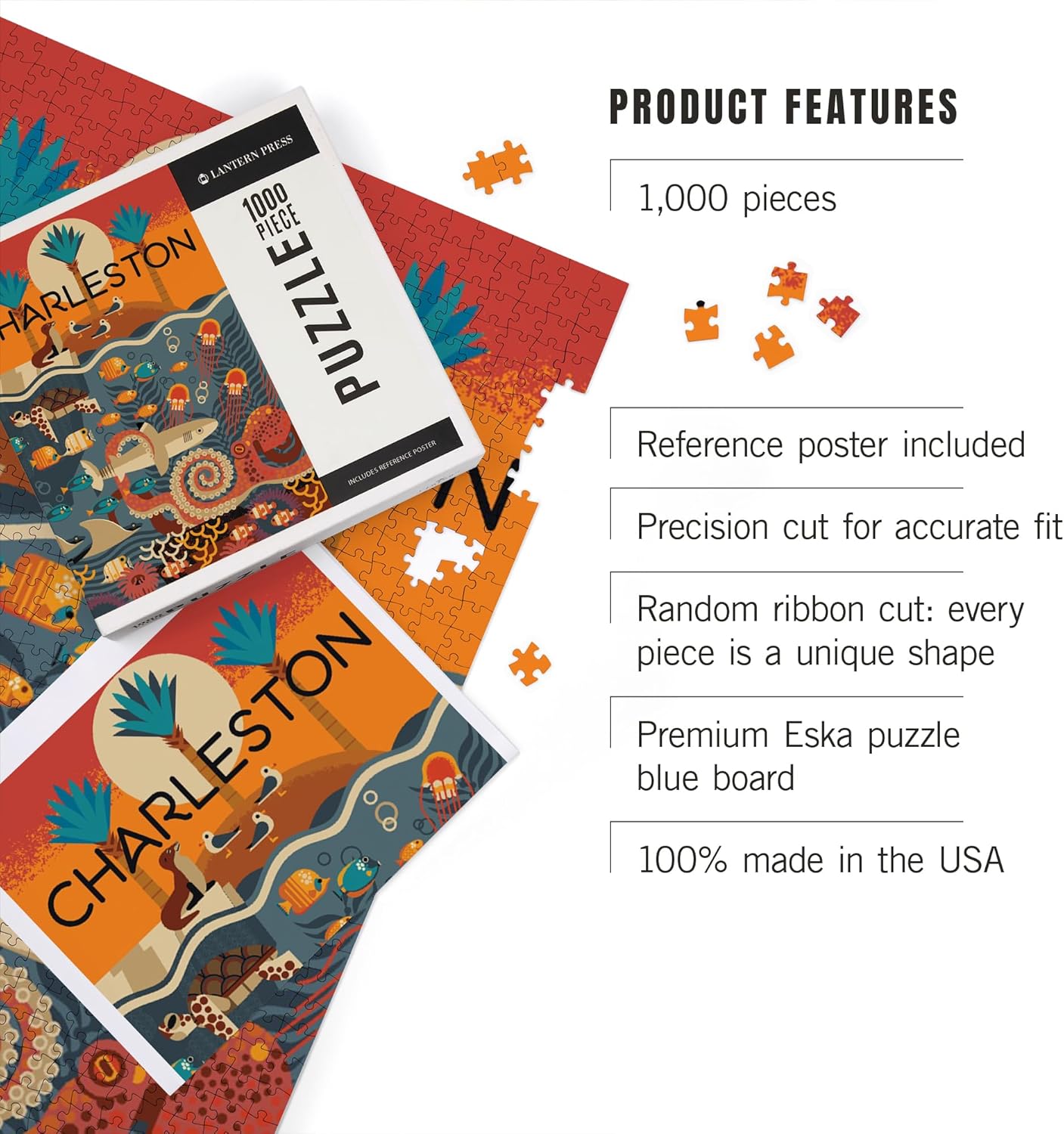 Lantern Press Charleston, South Carolina, Textured Geometric 1000 Piece Jigsaw Puzzle for Adults, Made in USA with Reference Poster