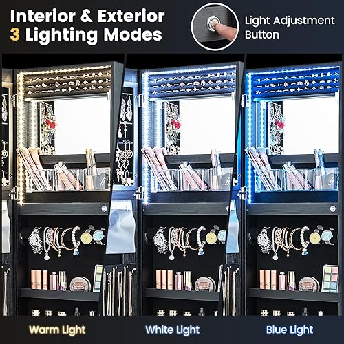 Miniatura 4 de CHARMAID Armario de joyería con espejo LED, armario de joyería con cerradura con espejo ajustable iluminado de longitud completa, 3 juegos de
