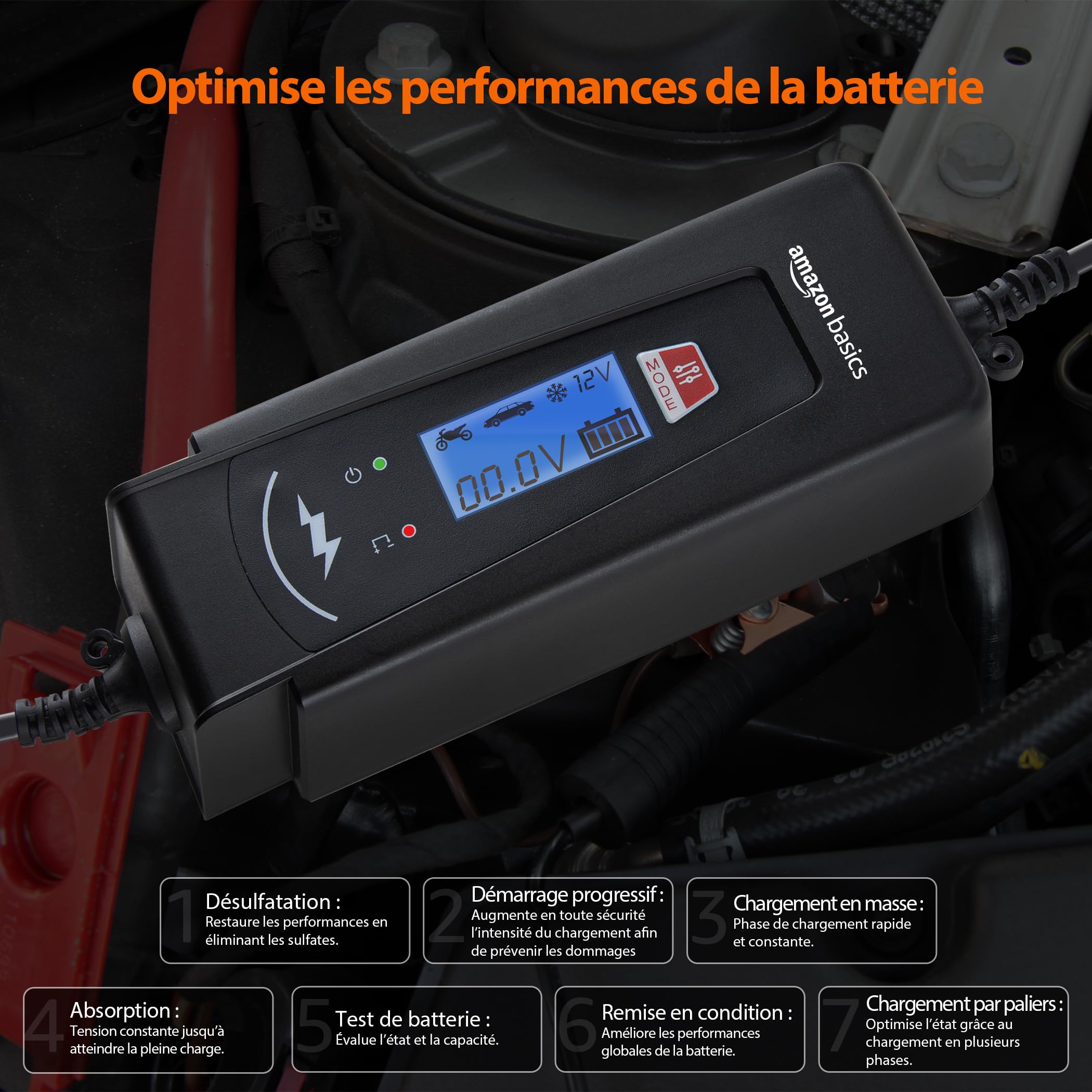 Amazon Basics Chargeur de batterie intelligent automatique avec fonction testeur de batterie, prise UE, sortie : 2A/4A, 6V/12V DC, Noir