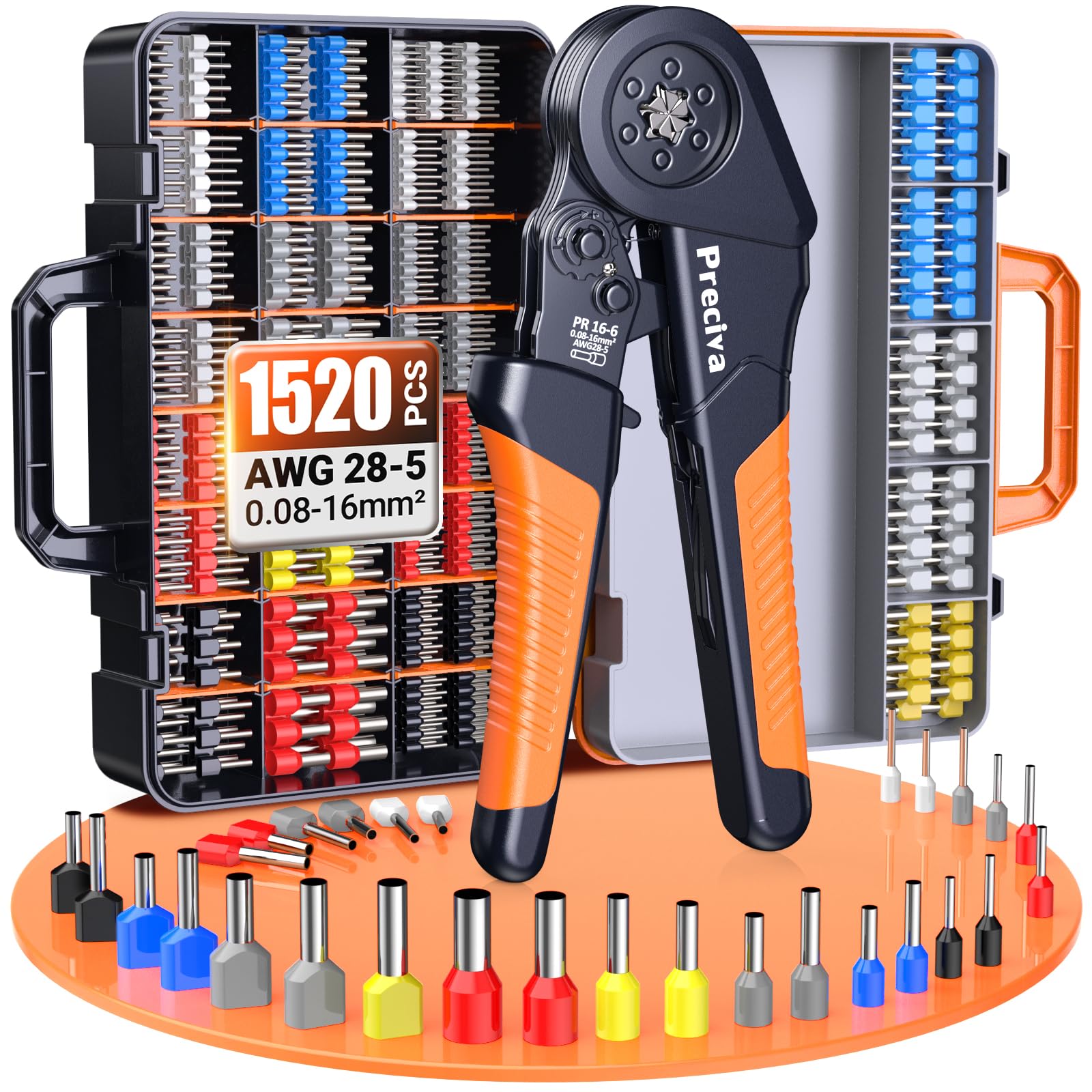 Pinza Crimpatrice con1520pezzi,Capicorda Da 0,08-16mm² ，Pinza Capicorda Regolabili，Puntalini Elettrici,Crimpatrice Puntalini，Per Uso Industriale E Fai-Da-Te,Terminali Elettrici A Crimpare