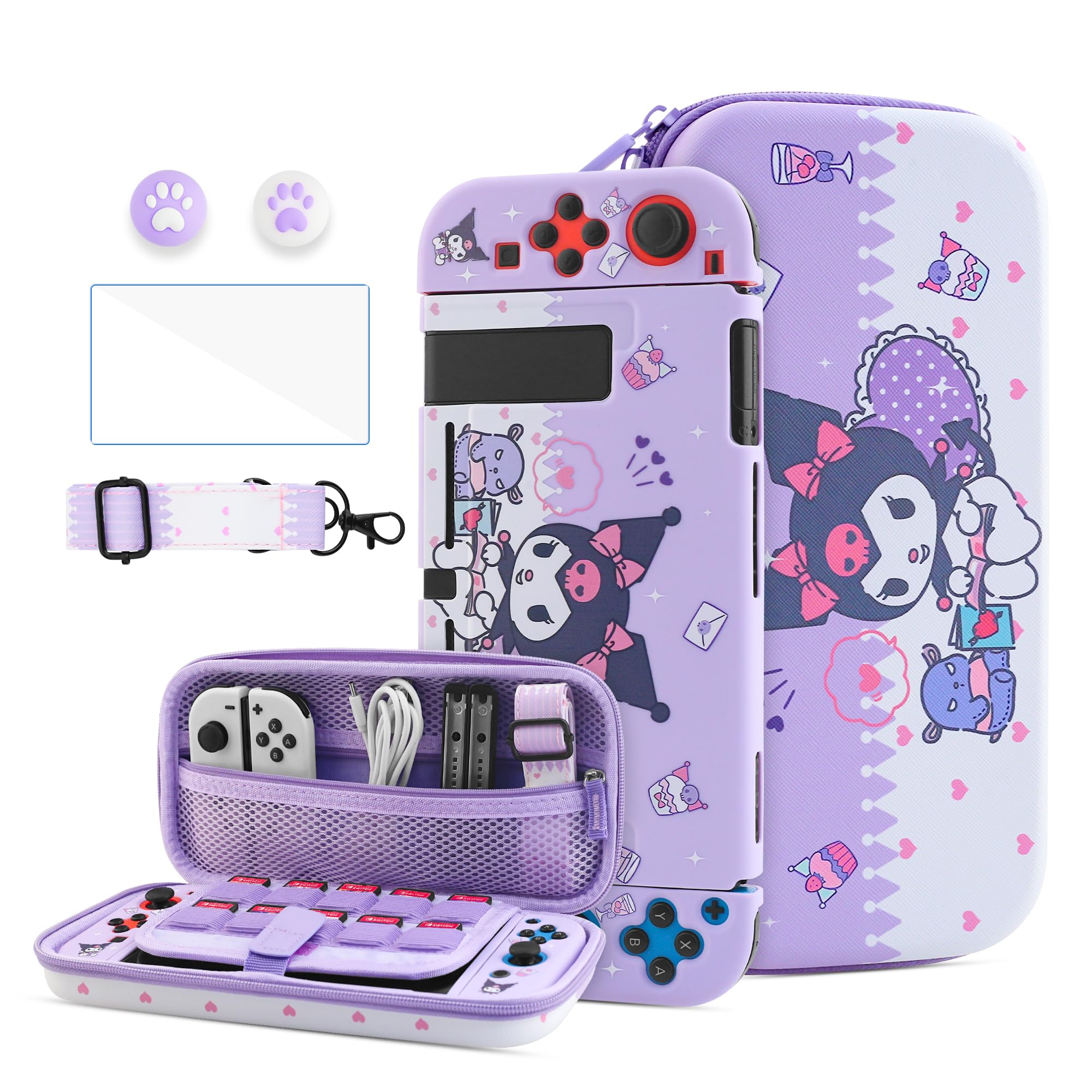 HYPERCASE Cute Purple Carrying Case for Nintendo Switch of Bunny, with Soft NS Switch Protective Cover, Screen Protector, Shoulder Strap & 2 Thumb Caps