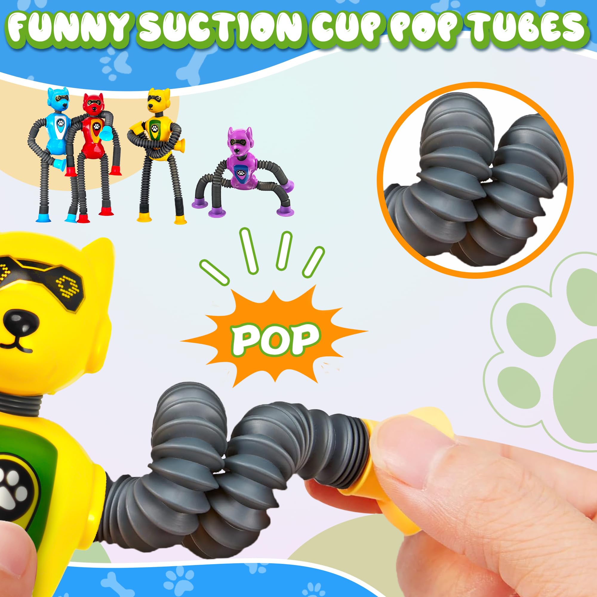 Valentines Day Gift for Classroom Boys Robot Dog Sensory Pop Tube for Toddler Kid 4PC Travel Toys Airplane Car Toy Activities Autistic Road Trip Suction Tube for Boys 3 - 8 ADHD Autism 4
