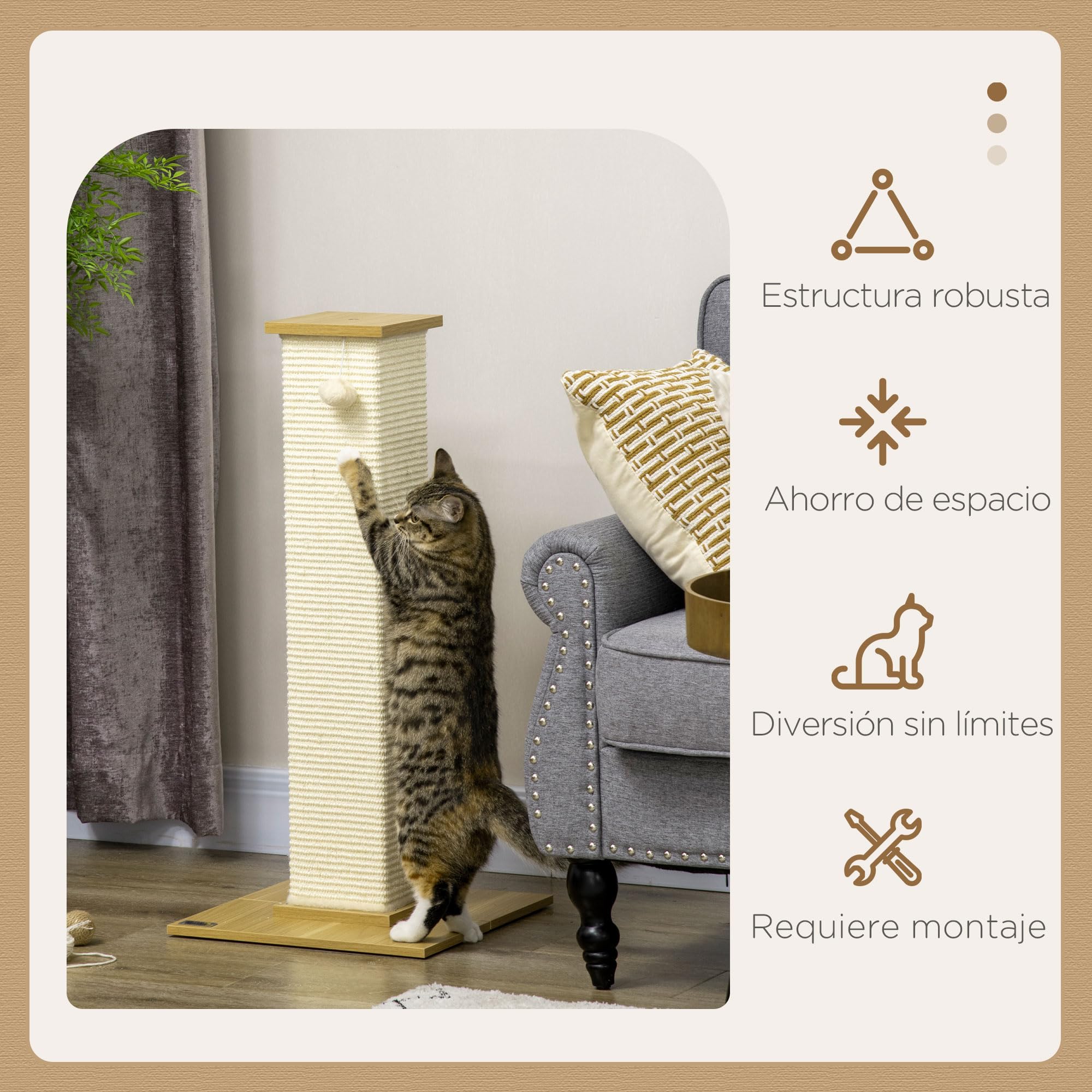 PawHut Poste Rascador para Gatos con Poste de Sisal 38x38x80 cm Roble | Árbol Rascador para Gatos, Bola Colgante, para Interiores