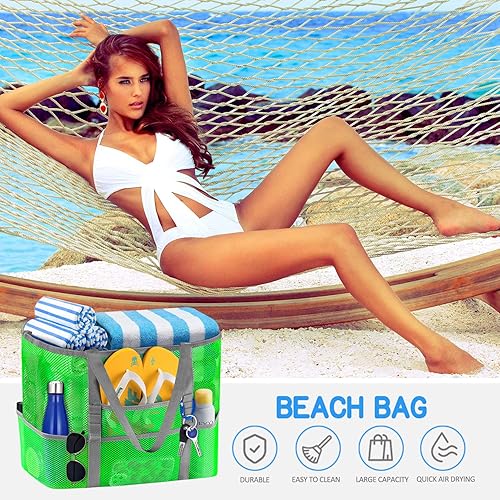 Miniatura 6 de Ayieyill Bolsa de playa de malla para mujer, bolsa de playa plegable grande con bolsillos con cremallera, impermeable, a prueba de arena
