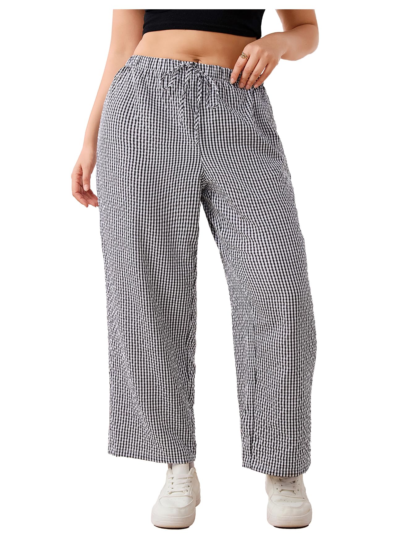 SHENHE Womens Plus Size Gingham Pants Wide Leg Baggy Drawstring Casual Lounge Travel Pants