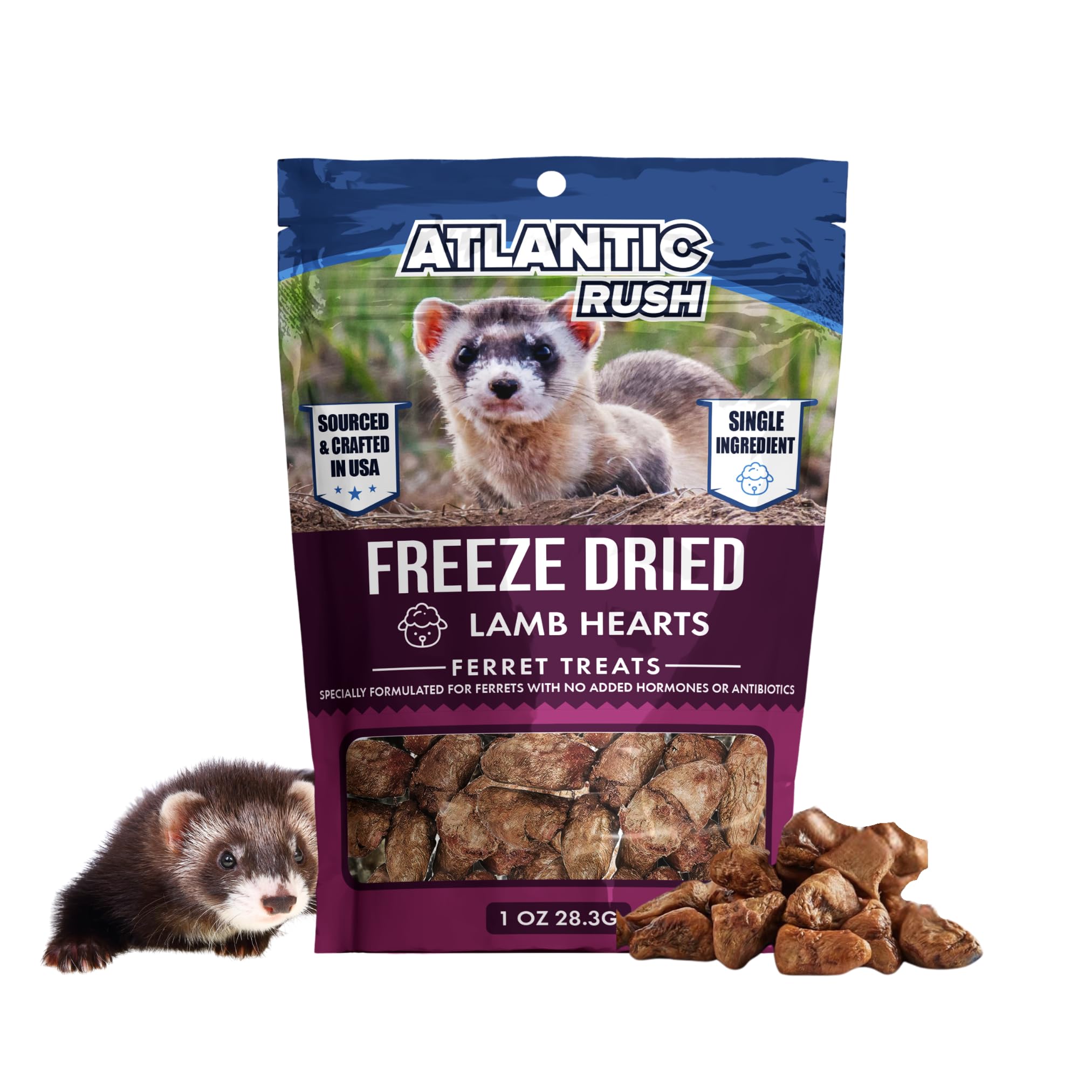 Atlantic Rush Freeze Dried Small Pet Treats - Resealable Bag of Lamb Heart Treats for Ferrets - Ferret Snacks - Single Ingredient Ferret Food with No Preservatives Or Fillers- Small Animals Treats
