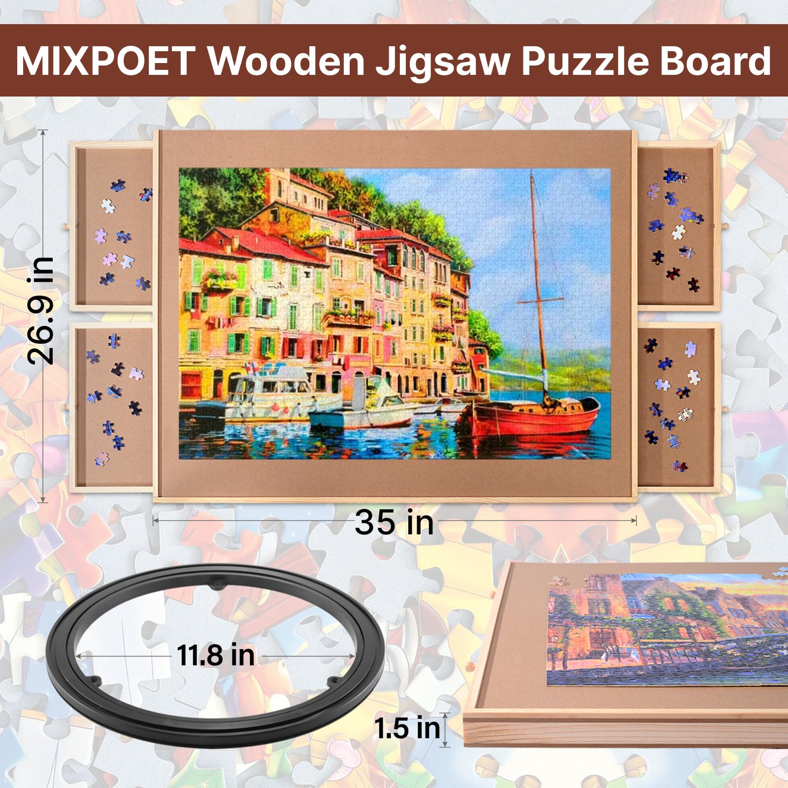 GNU SmartPickle 156W FIX NATION M ボードセット MIXPOET 1500PCS Wooden Jigsaw Puzzle Board, Portable Rotating