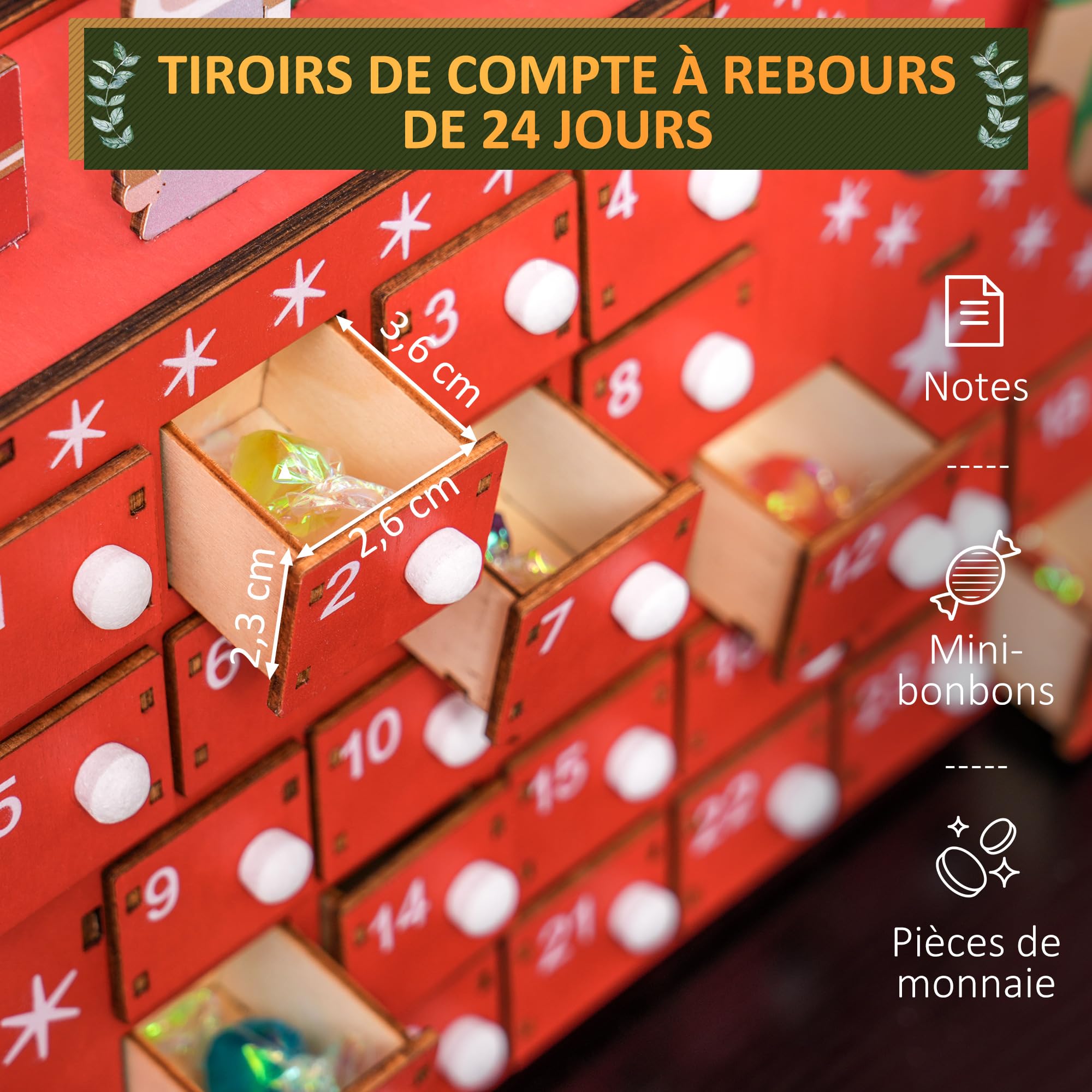 HOMCOM - Calendario de adviento de madera con 24 cajones para rellenar, color rojo | Calendario de Adviento reutilizable, diseño de Papá Noel y trineo, decoración de Navidad, regalo para niños y adultos