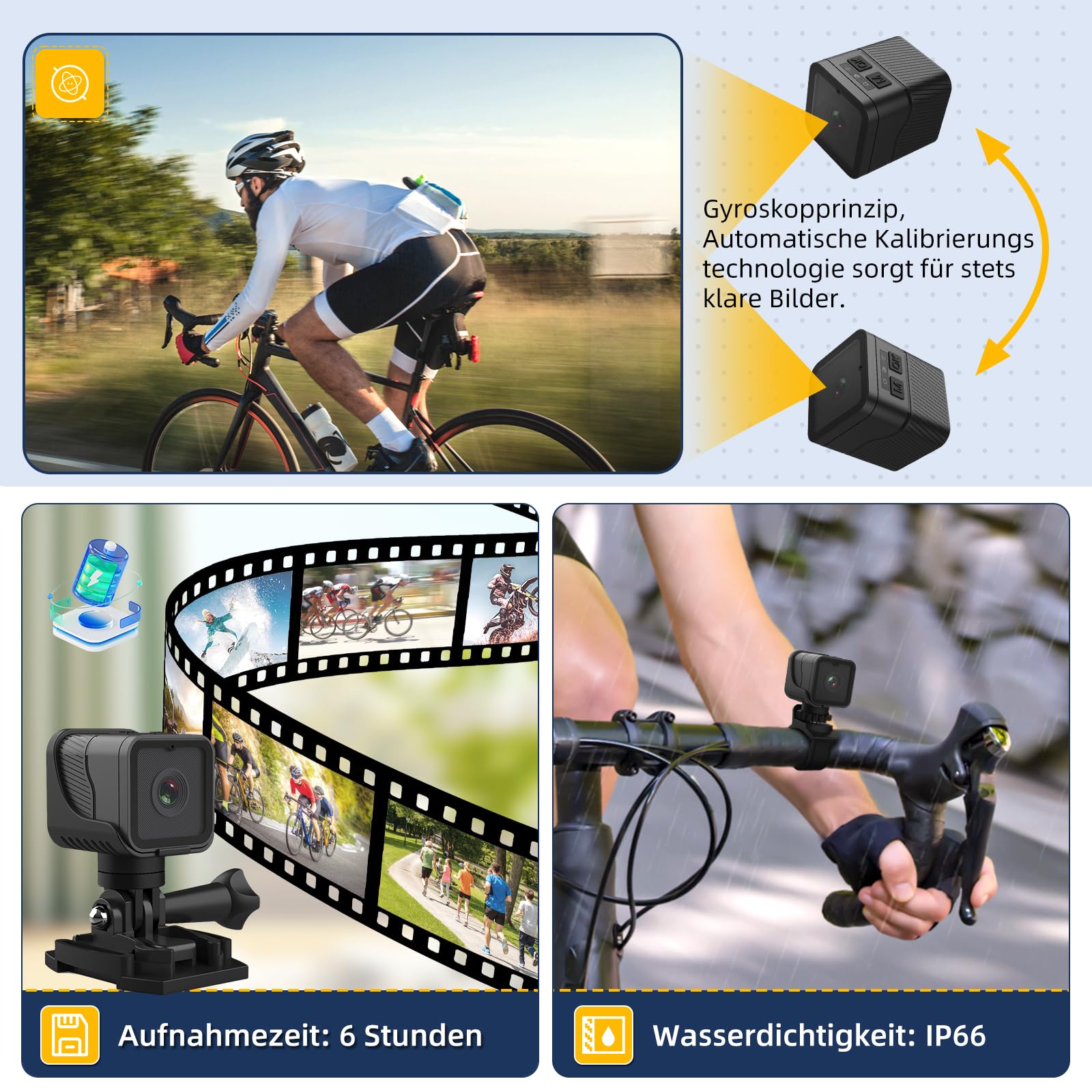 AIKER Mini Action Cam,Verbesserte Version Dashcam Fahrrad,Clever und einfach und Echtzeit-Pegelkorrekturfunktion helmkamera,WiFi 1080P HD&120°Weitwinkel Action Kamera,Mit 64GB Speicherkarte