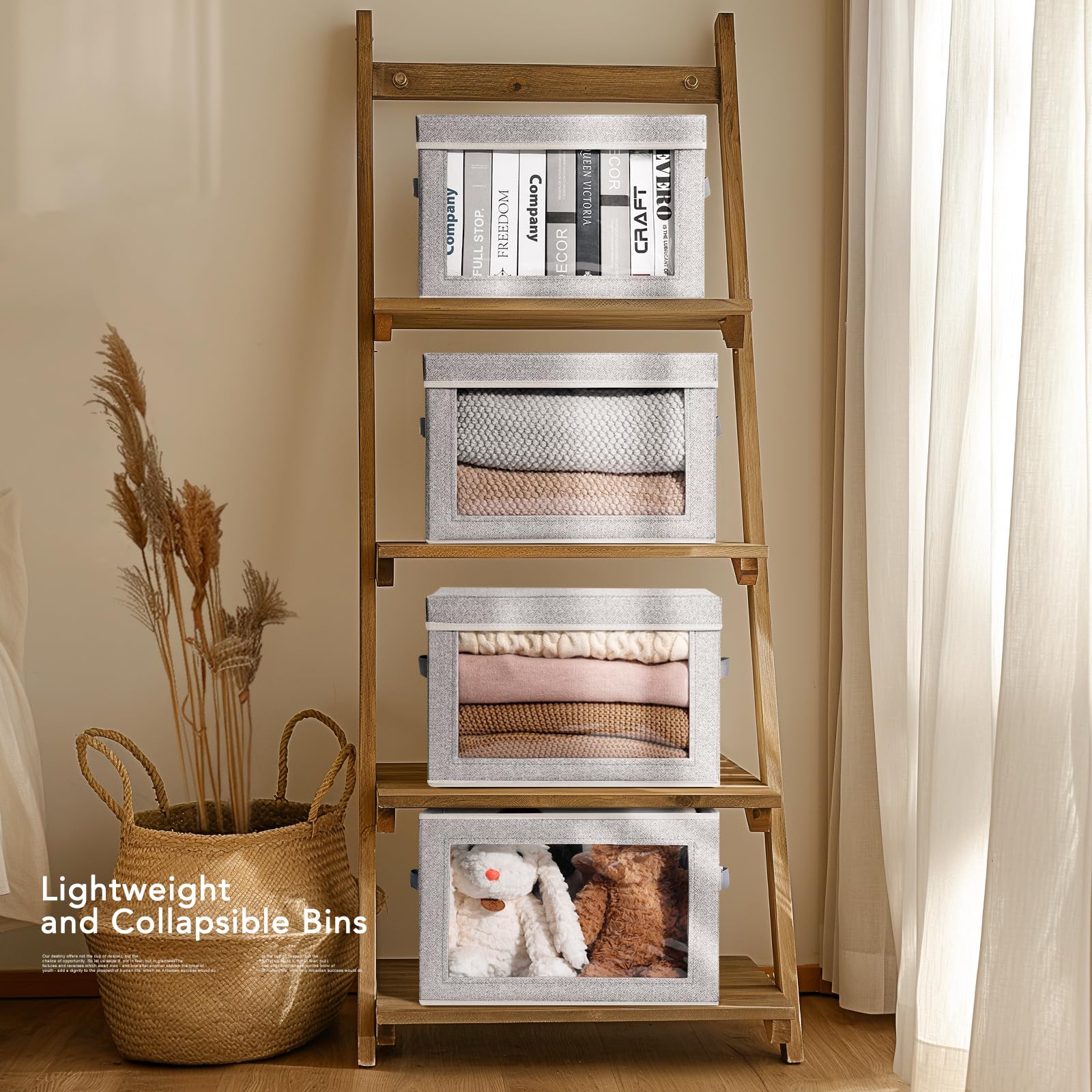 Homsorout Lot de 4 bacs de rangement pliables avec couvercle – Organisateur de placard avec fenêtre, bacs de rangement avec couvercles pour vêtements, paniers de rangement en tissu pour étagères,