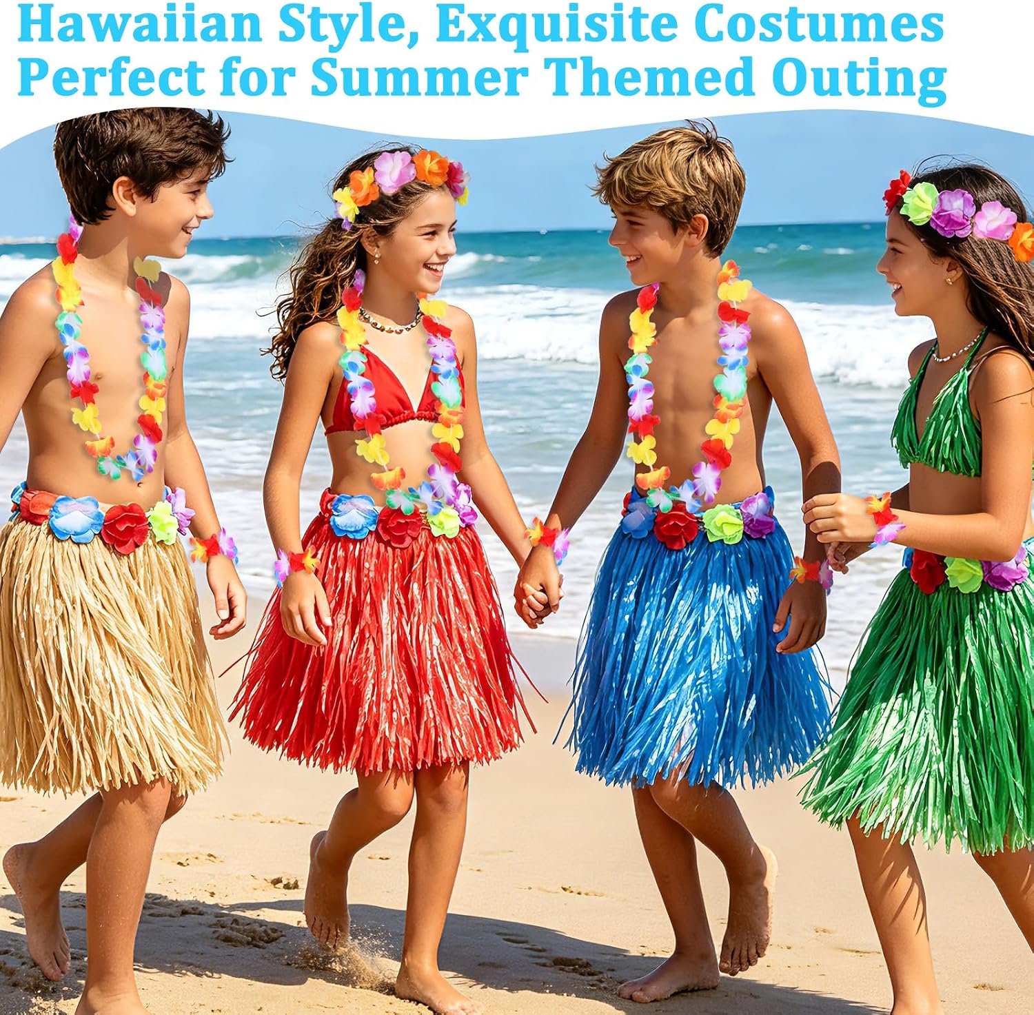 NICEMOVIC 12pcs Hawaiian Grass Skirts with 24pcs Bracelets, 12 pcs Necklaces &12 pcs Headbands, Luau Party Decorations Bulk for Women Adult, Hula Skirt for Tropical Beach Holiday Party Favor Supplies