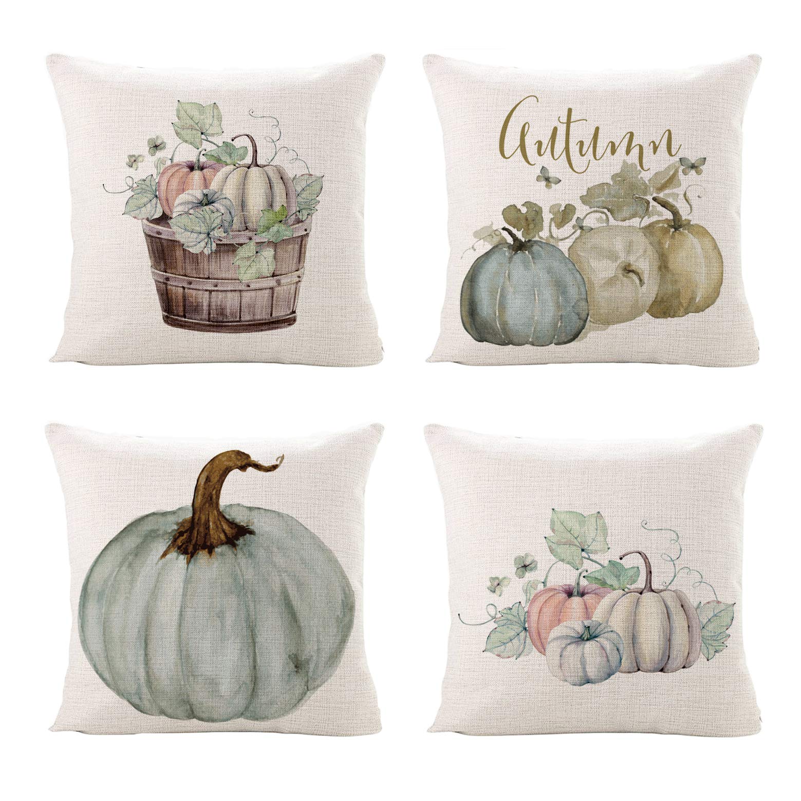 Sinpooo Pumpkin Farmhouse Fall Throw Pillow Covers 18 X 18 Inch Set of 4, Autumn Decor Thanksgiving Day Harvest Cotton Linen Pillows Covers Pillowcases for Sofa, Couch and Bed ，Blue Gray