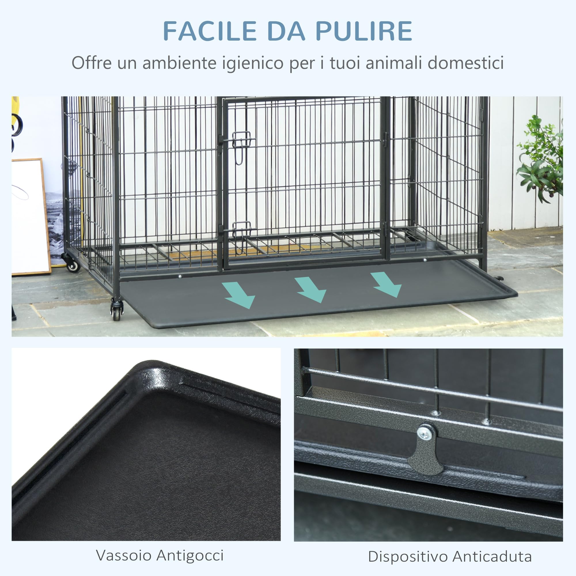 PawHut Kennel Gabbia per Cani Pieghevole a Doppia Porta con Blocco, Box per Cani con 4 Ruote con Freno e Fondo Rimovibile, 94x58x69.5 cm, Grigio Scuro