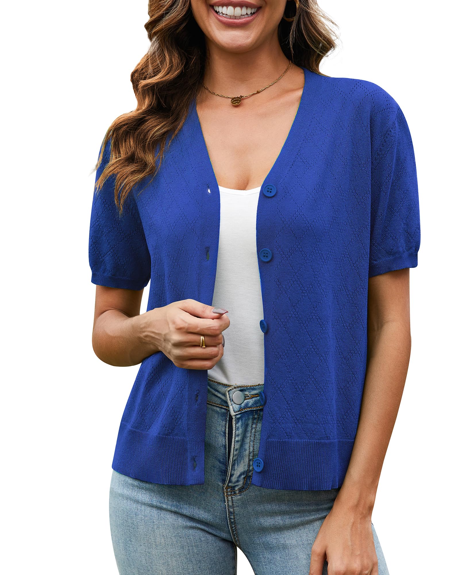 VIISHOW Short Sleeve Lightweight Summer Cardigan for Women, Button Down Open Front V Neck Crochet Knit Cropped Bolero Shrugs