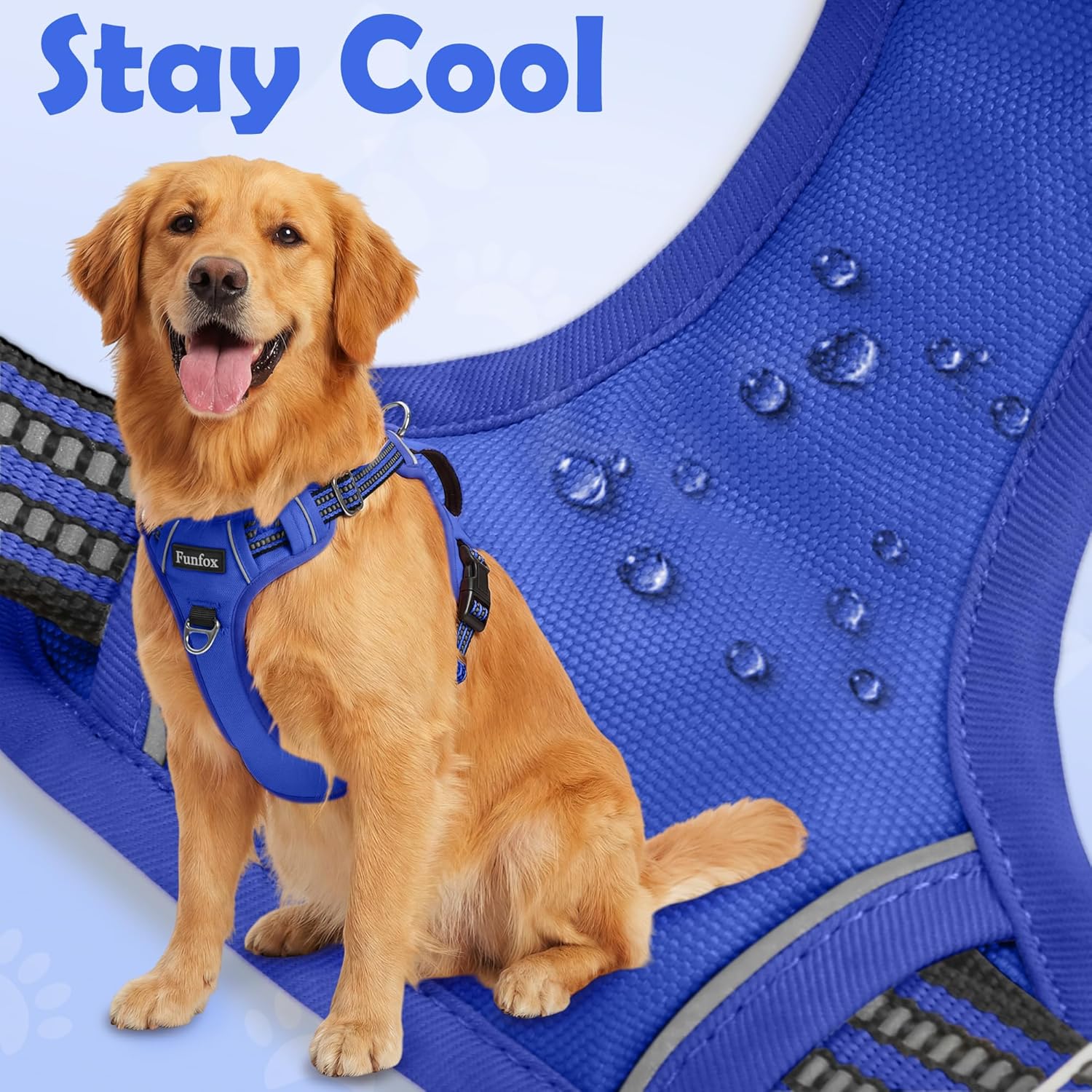 Funfox Dog Harness Medium No Pull, Adjustable 2 Clips Anti-Pull Vest with Practical Handle, Breathable Padded Pet Harness Designed for Small/Large Breeds, Reflective Training Walking Blue M