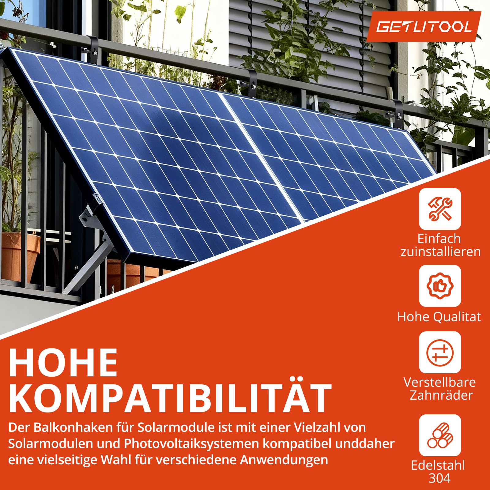 GETLITOOL 8 Stück Balkonkraftwerk Halterung 304 Edelstahl, Universal PV Modul Befestigung Haken für PV-Module, Solarmodul Halterung mit Komplettes Montageset für Balkon, Dach, Garage, Wohnmobil, Boot