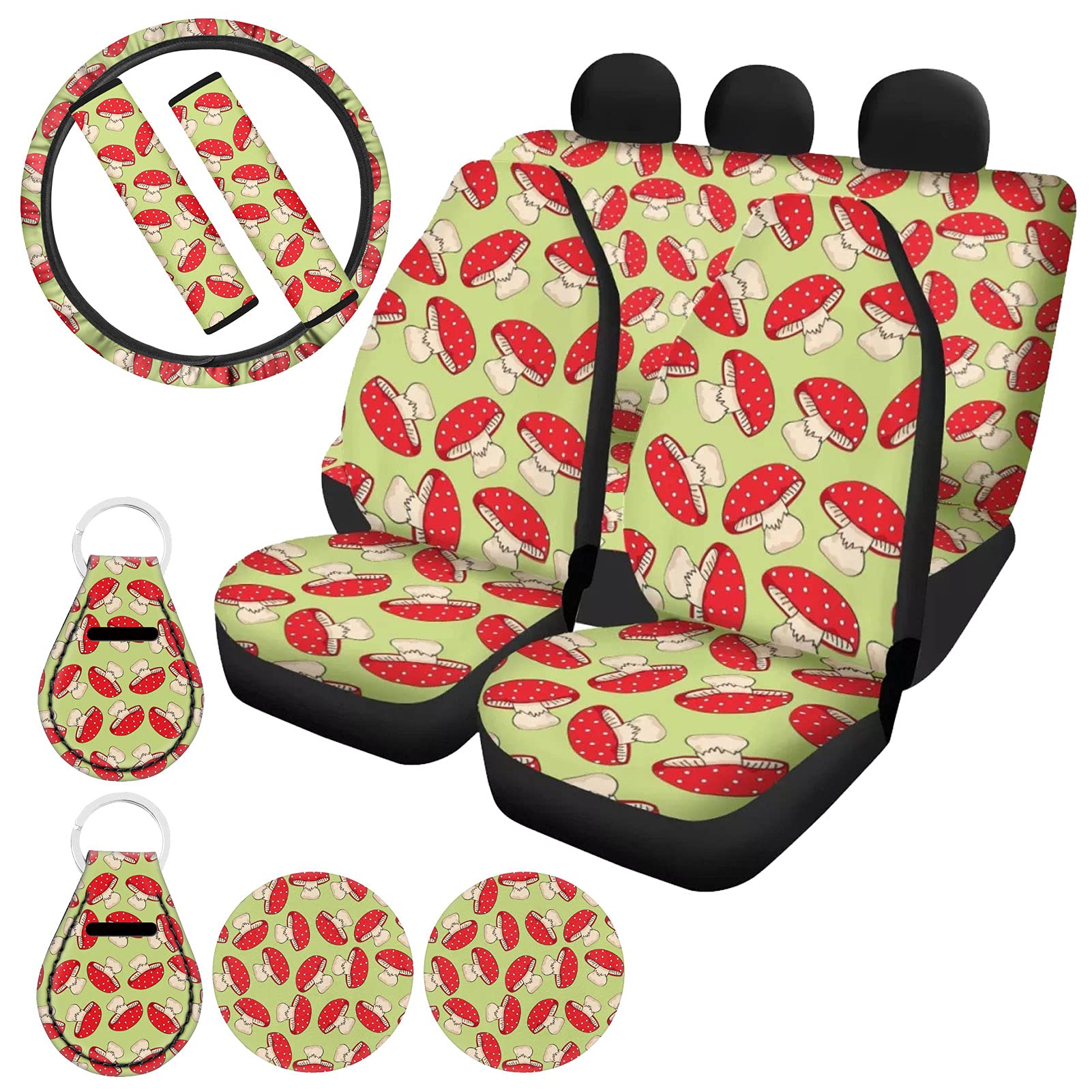 Tomeusey Set Completo 11 Pezzi Coprisedili Auto A Forma Di Fungo – Coprisedili, Coprivolante, Copricinture, Sottobicchieri E Protezioni Per Leva E Freno