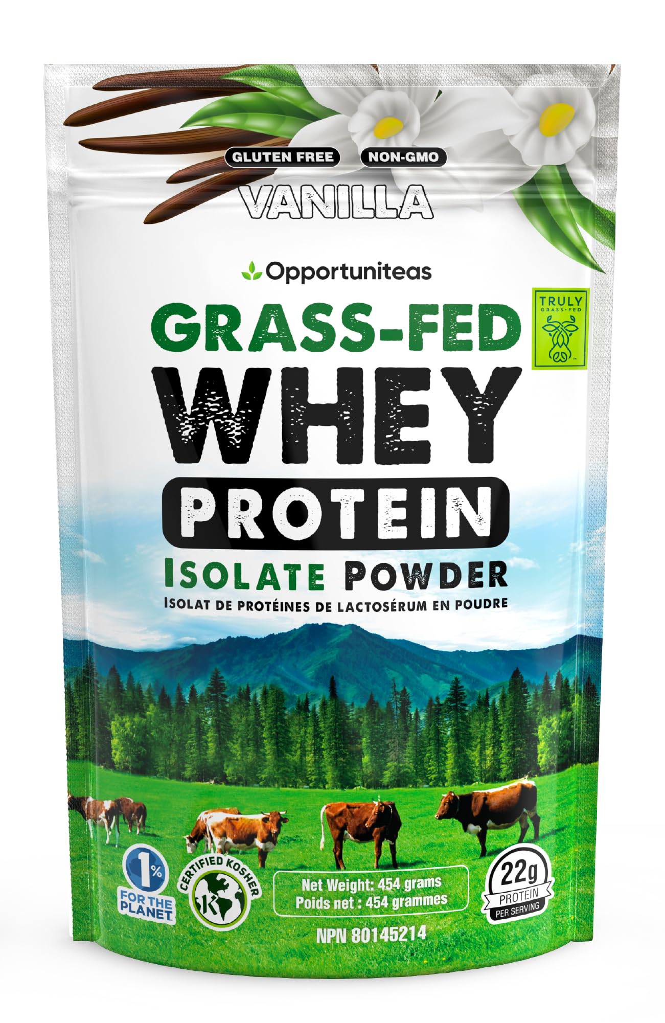 Opportuniteas Grass Fed Vanilla Whey Protein Isolate Powder - 22g Protein Powder Without Artificial Sweeteners, Hormone-Free Cows, Non GMO - 1lb