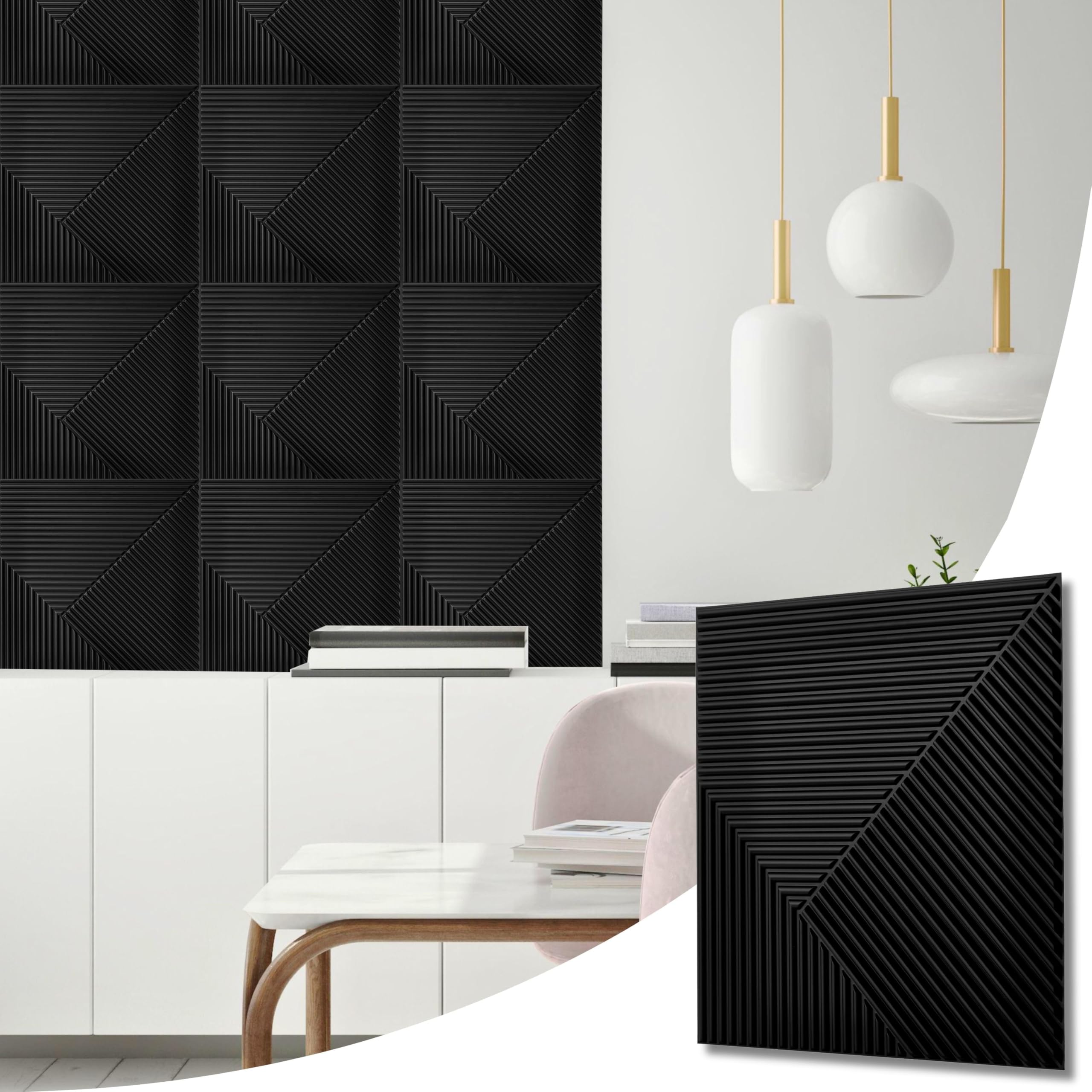 Novecrafto Black Chevron Line Effect 3D Wall Panels - 6 Sheets Covering 1.5 Sqm | 16.15 Sqf Interior Cladding Panels Set | 3D Wall Tiles Chevron Line Design In Matte - Each Panel Size 19.6" X 19.6"