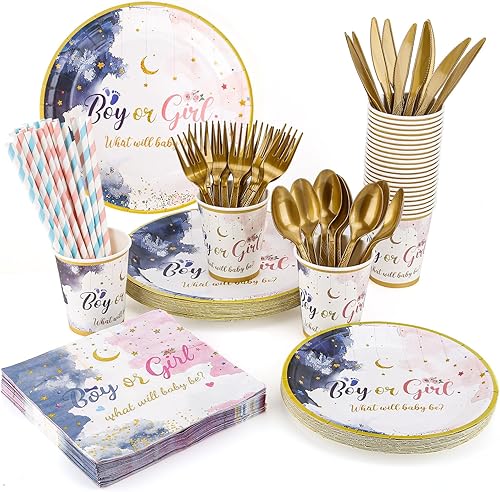 200 piezas de suministros de fiesta de revelación de género  Decoraciones de fiesta de baby shower  Juego de vajilla para revelación de género para disponible en Yaxa El Salvador