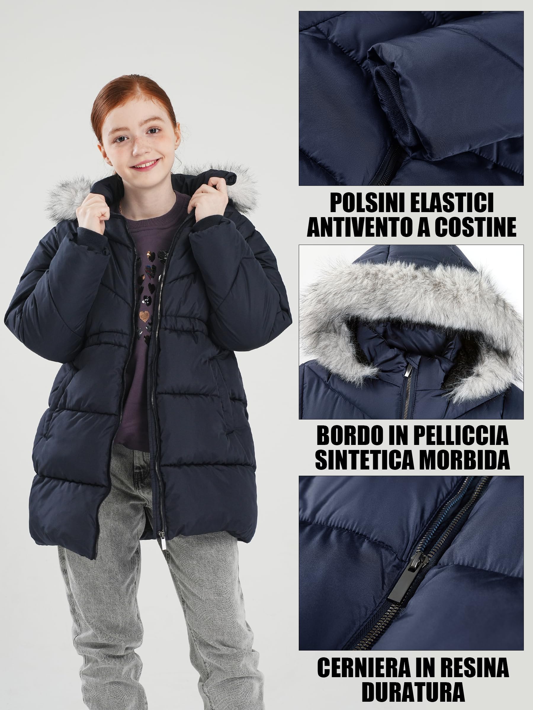 SOLOCOTE Cappotto inverno per ragazze resistente all'acqua con cappuccio trapuntato piumino fodera in Sherpa bordi in pelliccia artificiale pesante lungo Parka per bambini