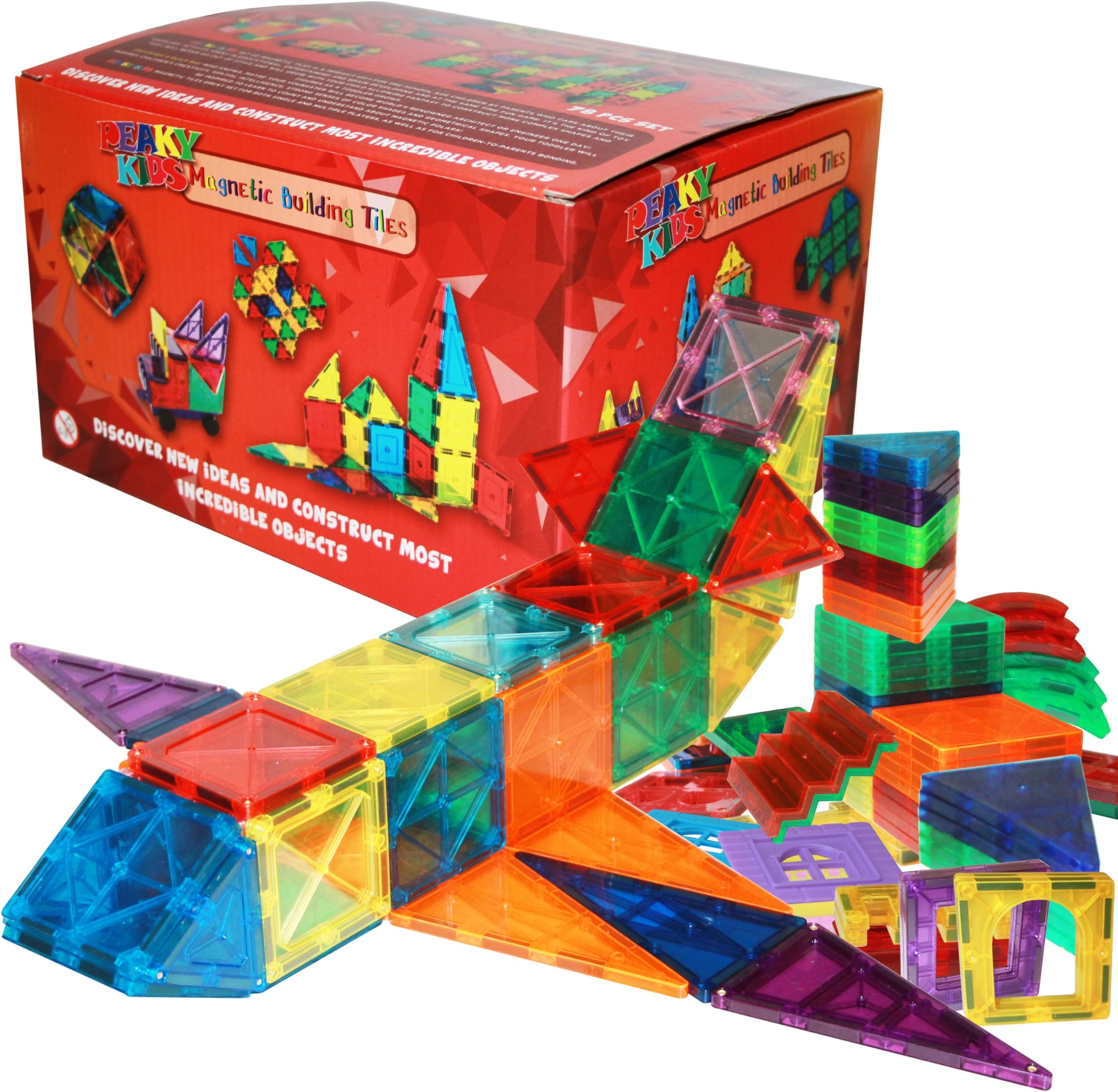 78 Pcs Magnetic Tiles for Kids, Stem Approved Educational Magnetic Blocks, 3d Montessori Toys for Boys Girls, Constructing Structures Building Sets for Brain Activity & Creativity Eid Gift