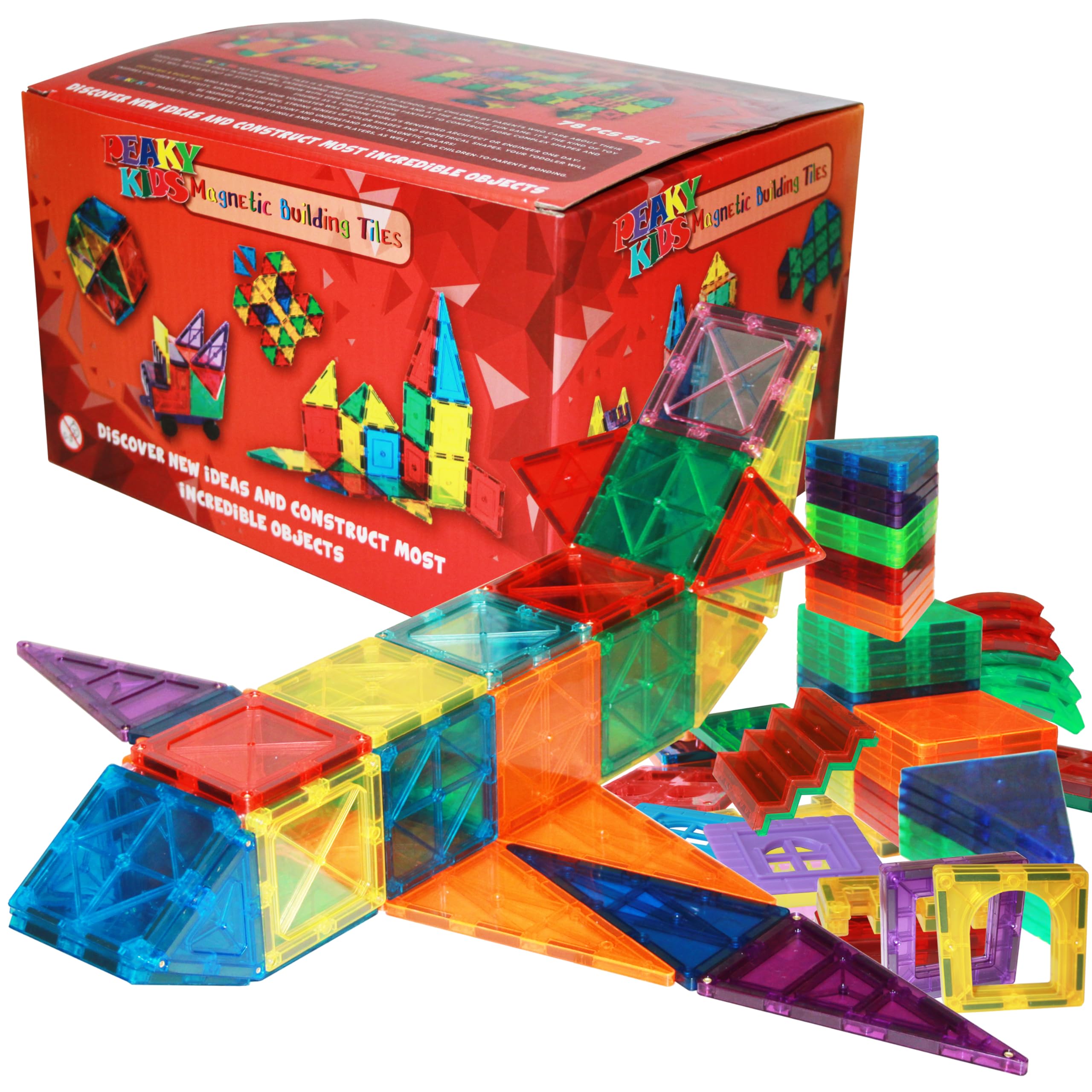 78 Pcs Magnetic Tiles for Kids, Stem Approved Educational Magnetic Blocks, 3d Montessori Toys for Boys Girls, Constructing Structures Building Sets for Brain Activity & Creativity Eid Gift