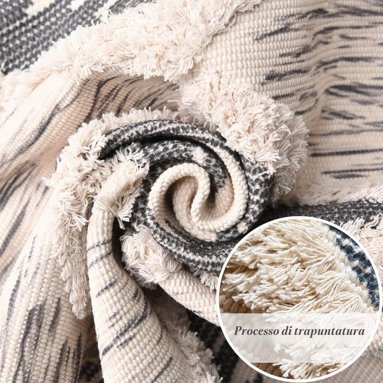 Tappeto in cotone trapuntato, lavabile con nappe, copriletto geometrico shag, in tessuto bohémien, per lavanderia/camera da letto (60 x 180 cm, grigio) (EU-JM-SLH)