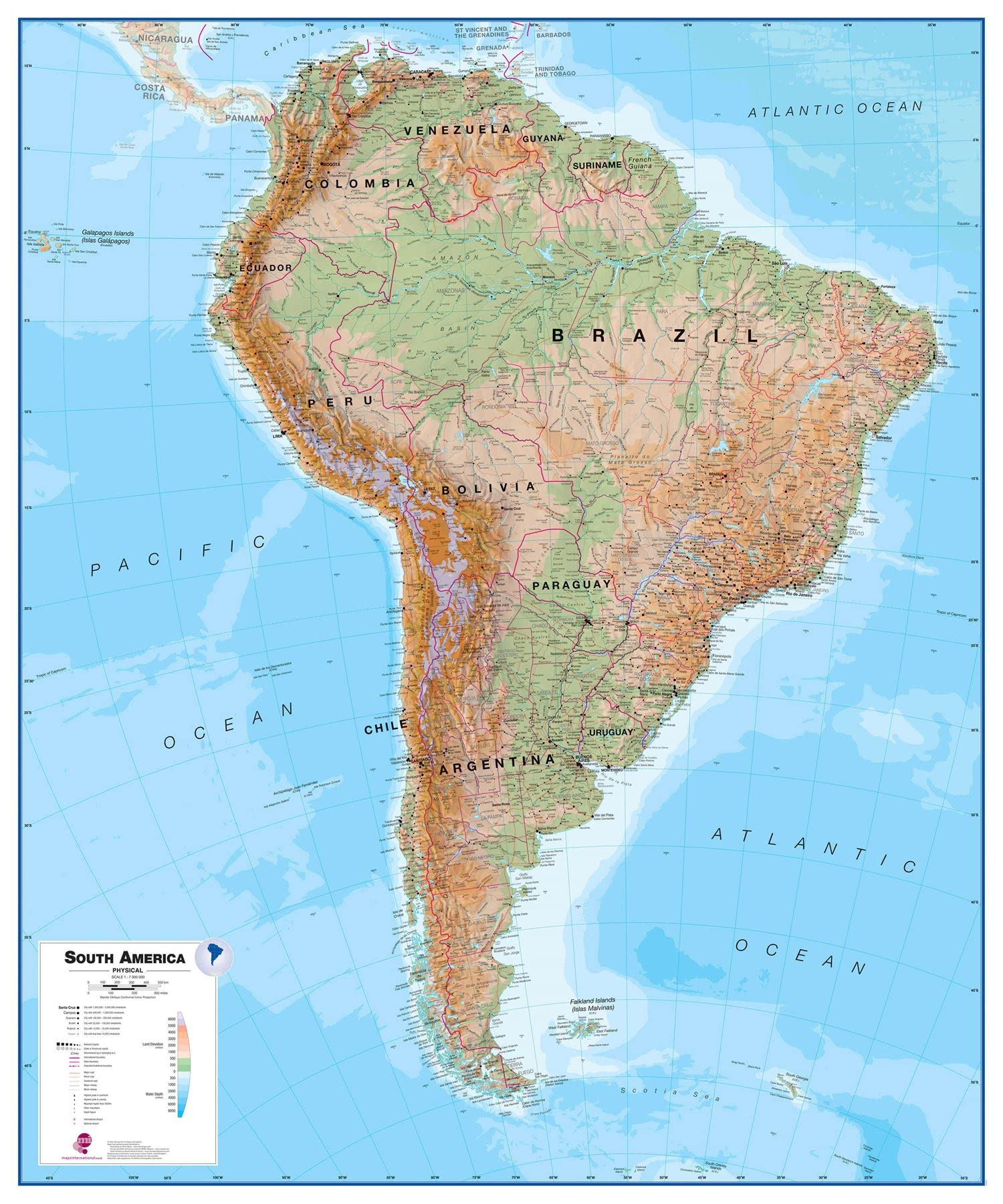 South America Large Physical Wall Map Paper