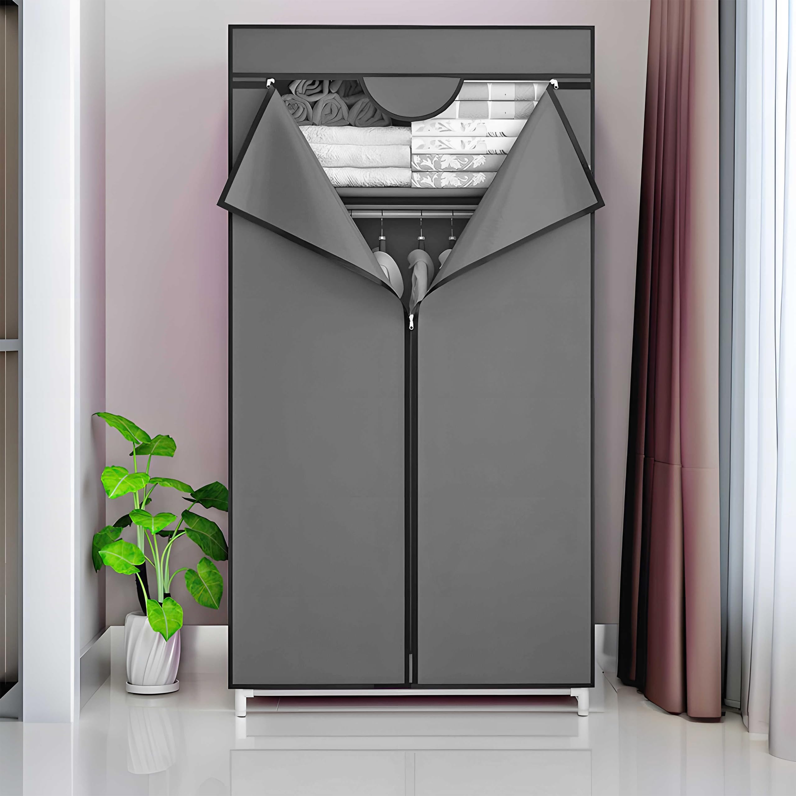 Retoo Kleiderschrank Aus Stoff, Stoffkleiderschrank, Faltschrank, Reißverschluß, Stoff, Kleiderständer, Aufbewahrung für Taschen, Spielzeug,Schuhe Graue, Farbe