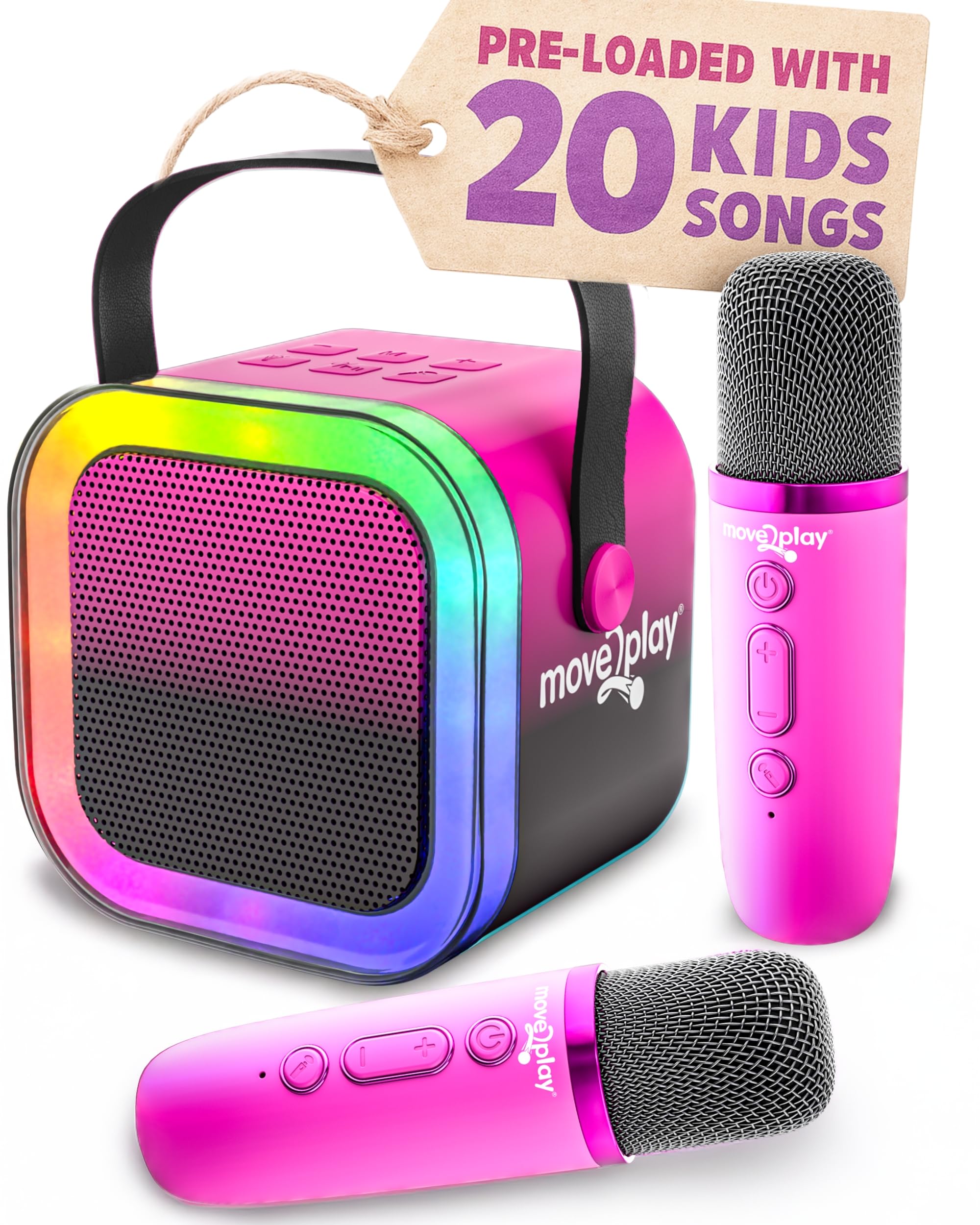 Move2Play, Karaoke Machine for Kids | Includes 20+ Kid Songs | 2 Microphones | Connect with Bluetooth | 3, 4, 5, 6, 7+ Year Old Gift | Toy for Girls,