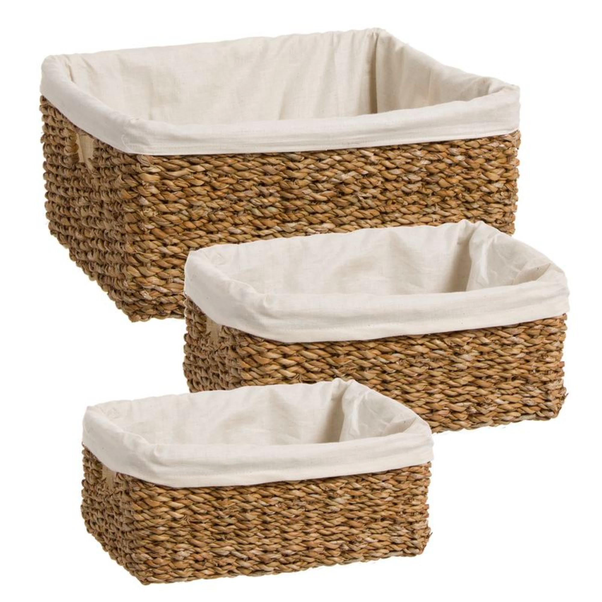 Set de 3 Cestas Rectangulares de Mimbre Marrón con Tela Blanca, 3 Tamaños, Cajas Almacenamiento Boho Multiusos, Organizador Cocina y Armario, Grande 31cm