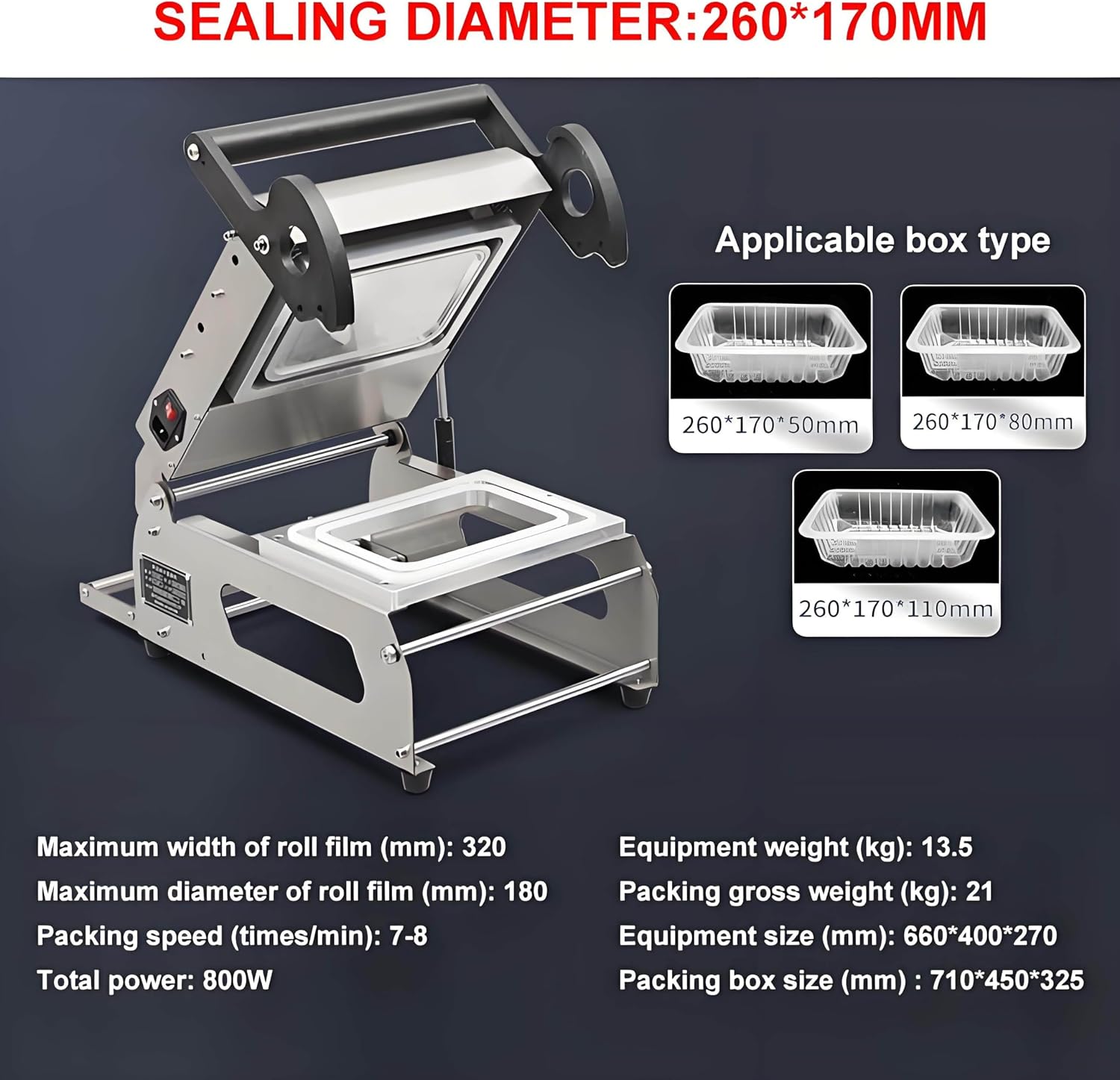 Semi-Automatic Food Tray Sealing Machine, Manual Lunch Box Sealer, Commercial Heat Sealer for Meat, Fast Packaging 7-8 Trays/Minute, 26x17cm Size