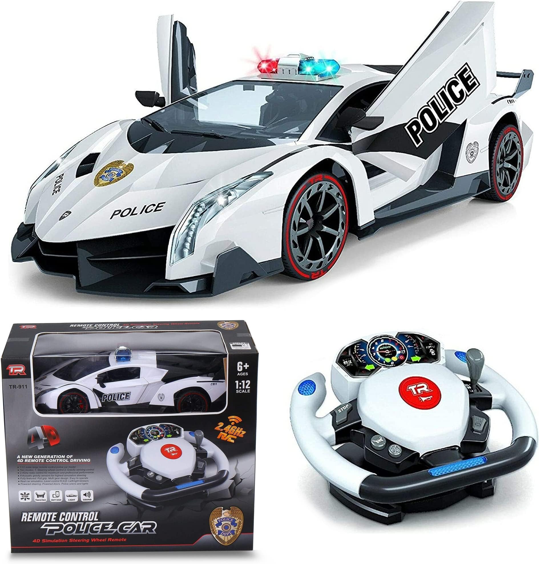 Top Race Remote Control RC Police Car 1:12 With 4D Motion Gravity Control, Steering Wheel Control, Lights, Sirens and Powered Doors - Toy Car for Boys and Girls Ages 3,4,5,6,7,8 and Up
