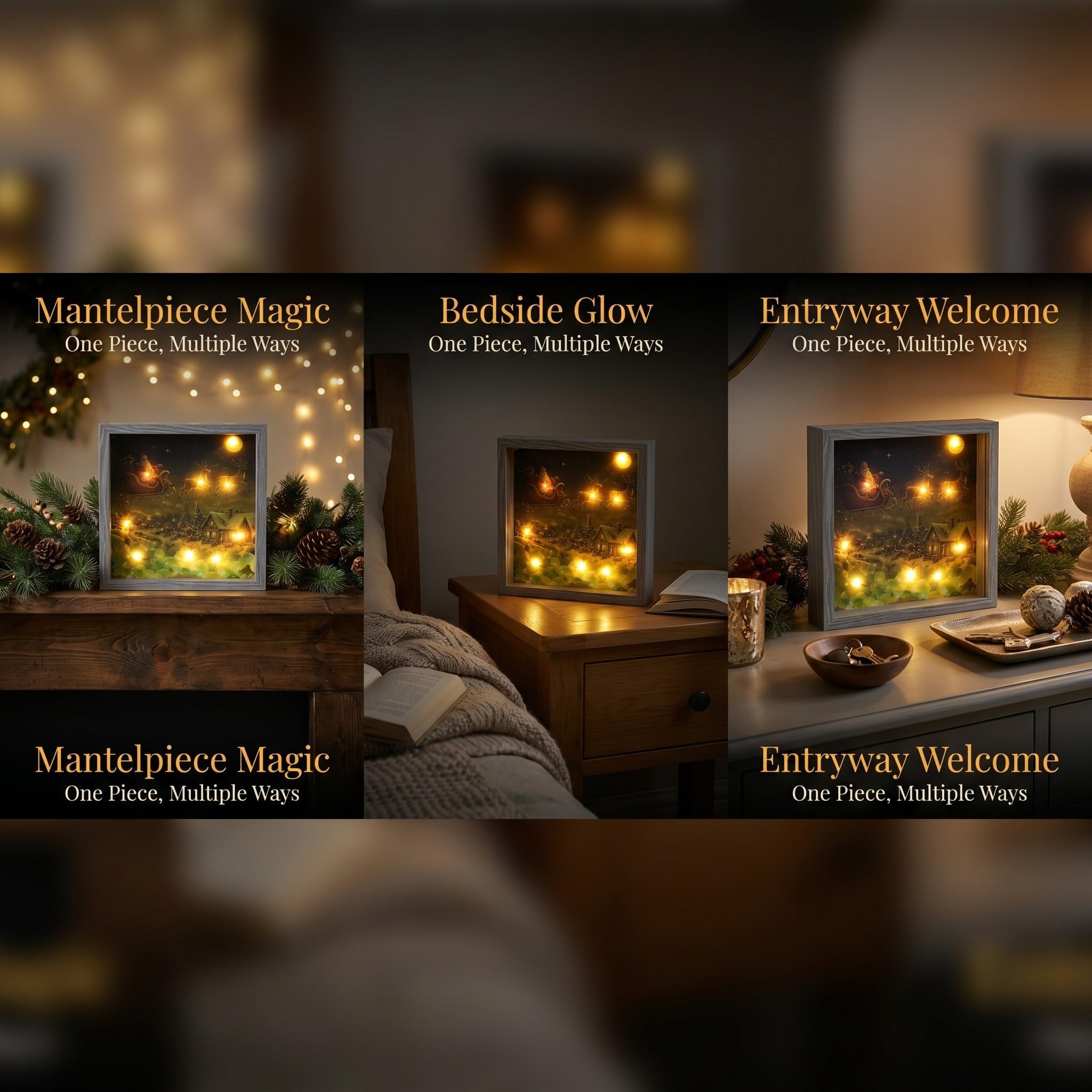 Weihnachtsdekorativer Fotorahmen mit LED Licht für Innen | Glasfront, Einfacher Fotowechsel, Festliche Beleuchtung, Wohnraum, Kamin oder Tisch, Winterliche Szene
