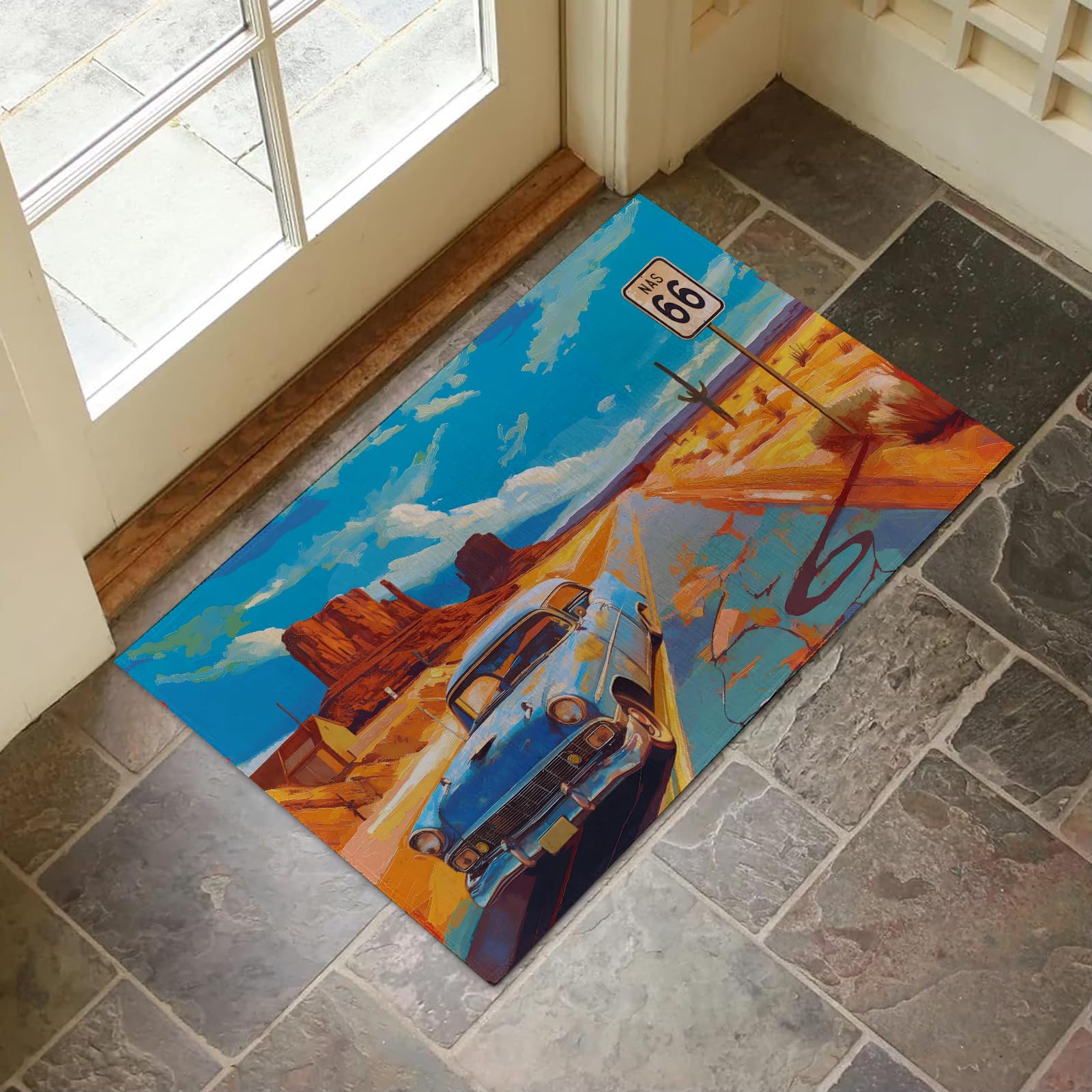 VANZEV Retro Route 66 Indoor Door Mat for Entryway, 17x29.5 Inch, Vintage Classic Americana Car Floor Doormat for Home Decor, Non-Slip Rug Mat for