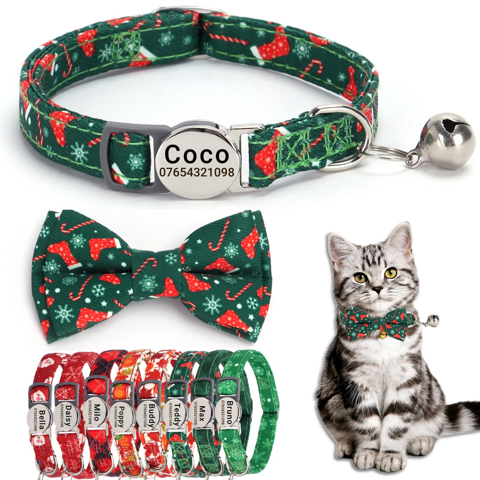 SEOUGEE Christmas Cat Collar Personalised with Bowtie & Bell, Quick Release Adjustable Breakaway Safety Cat Collars, Custom Engraved Name Tag for Cats Kitten Puppy (Green Stocking, 19-30cm)