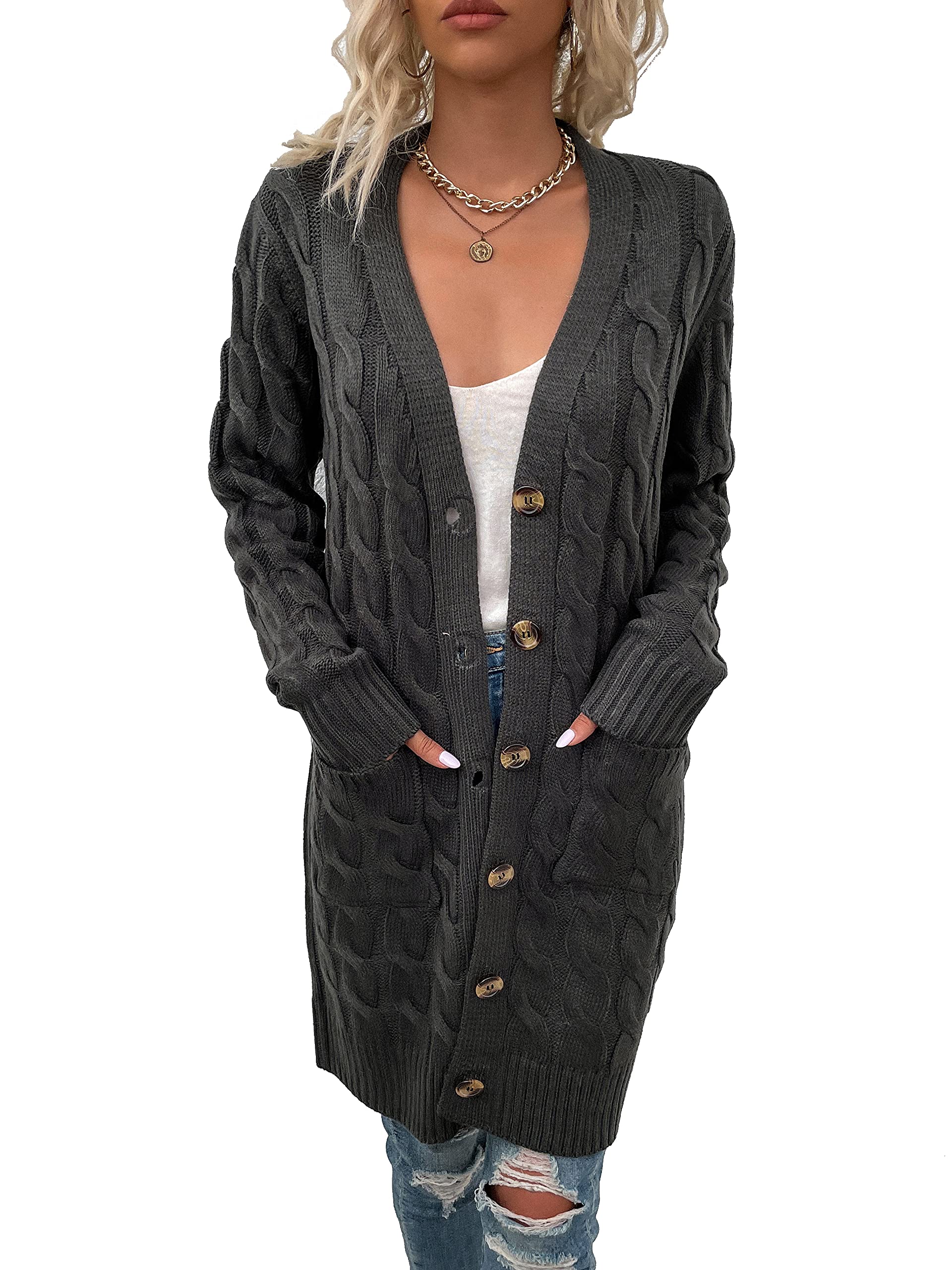 Damen Strickjacke Lang Cardigan mit Taschen Strickmantel Langarm Knopfleiste Knit Cardigan Open Front Herbst Winter Strick Mantel