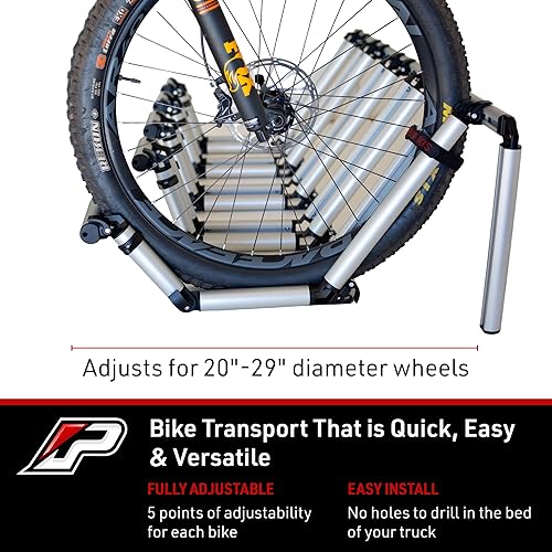 Miniatura 2 de 2 portabicicletas para caja de camioneta, ajuste ideal para modelos de camiones subcompactos, 2 soportes estándar para bicicletas, montaje en rueda