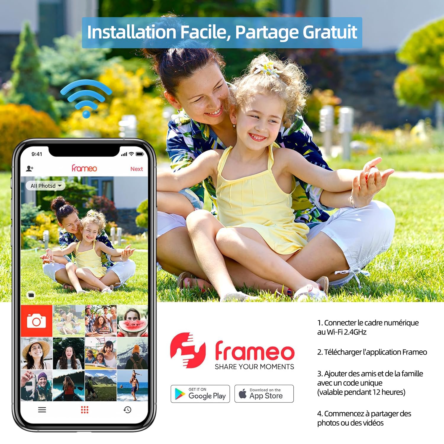 ARZOPA Cadre Photo Numérique 10,1 Pouces HD IPS Écran Tactile Cadre Numérique Photo Connecté WiFi Rotation Auto avec 32GB Partager Photos Vidéos Musique Via Frameo APP Horloge Météo
