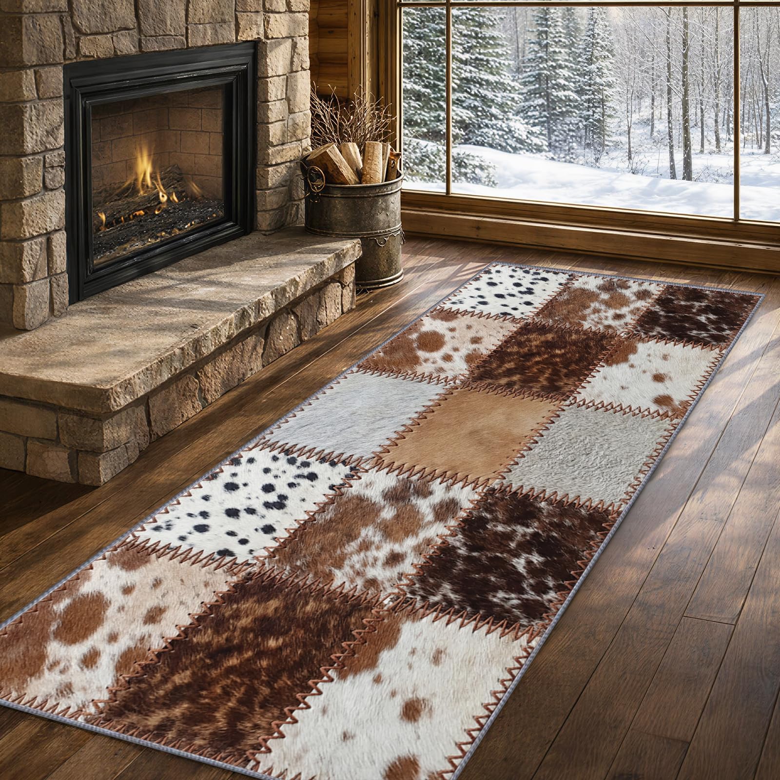 Rindsleder Läufer Teppich 60x200cm, Rustikale Western Teppich Schlafzimmer, Patchwork-Kuhfellmuster Flurteppich, Weich Komfort Geräuschreduzierung Teppichläufer für Küche Wäsche