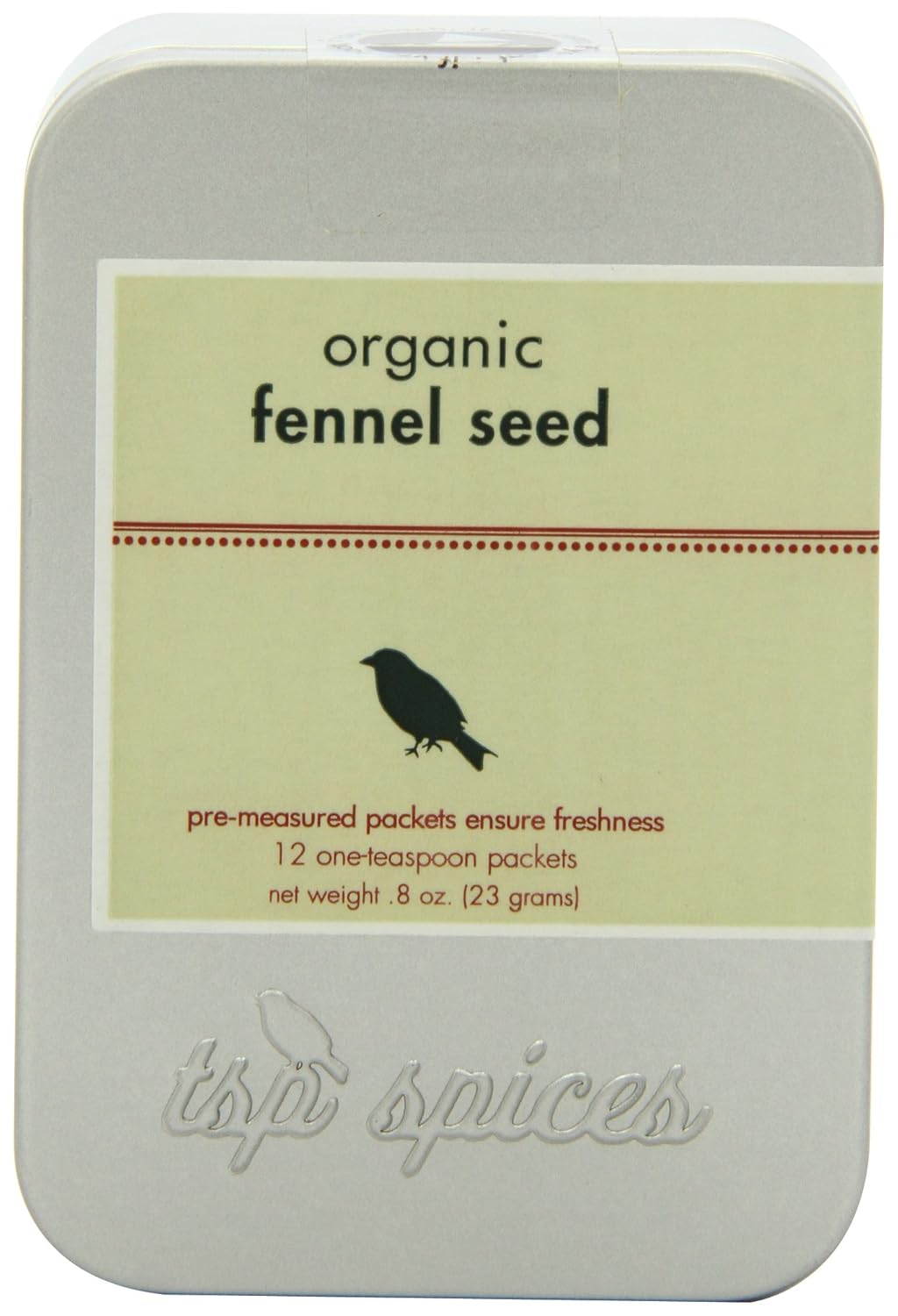 Tsp Spices Organic Fennel Seed, 12 Packets, 8Ounce Tins (Pack of 3
