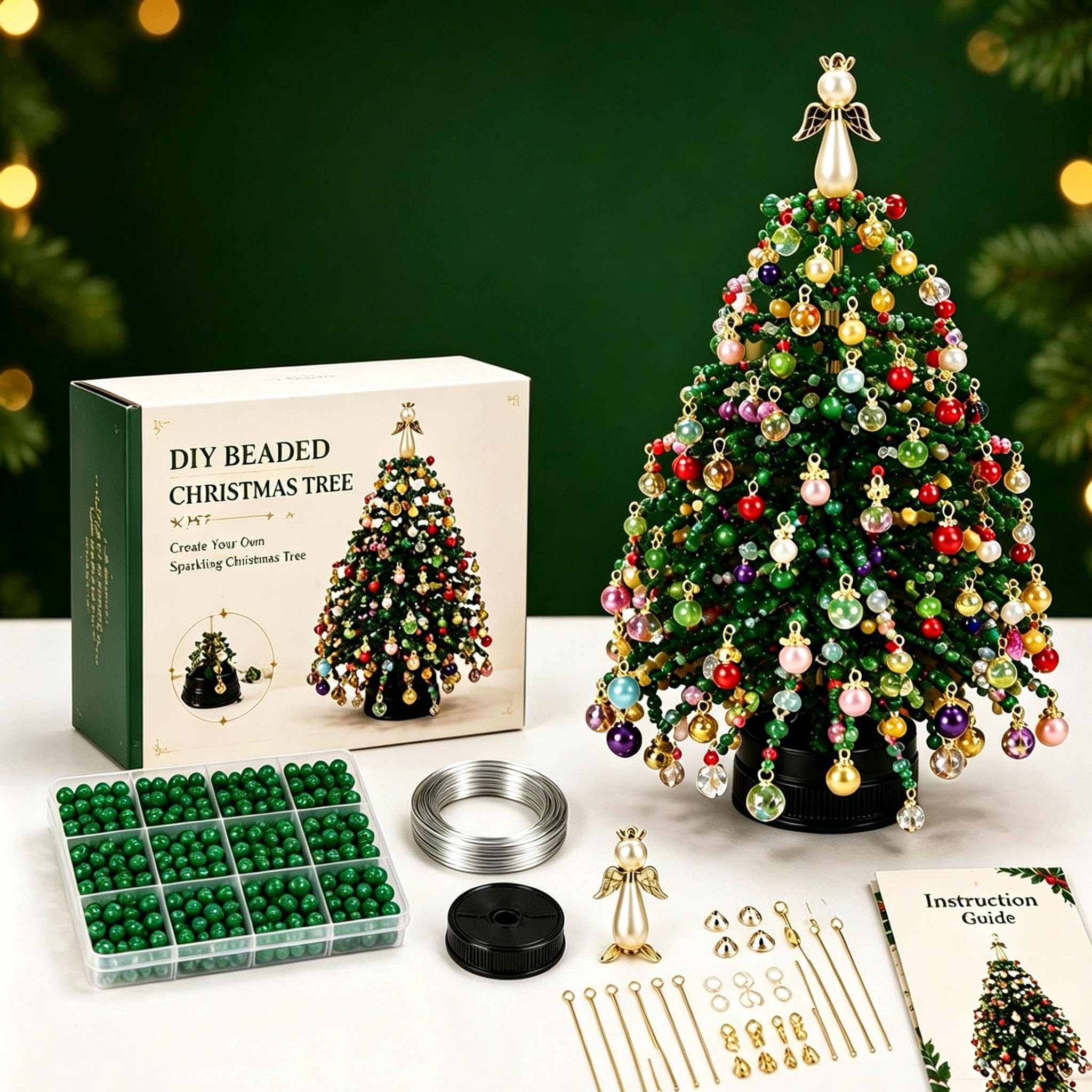 DIY Beaded Christmas Tree Kit with LED Lights, Mini Handmade Xmas Craft Set with Colorful Beads & Glowing Ornaments, Battery Operated Holiday Desktop Decor 20cm (H)