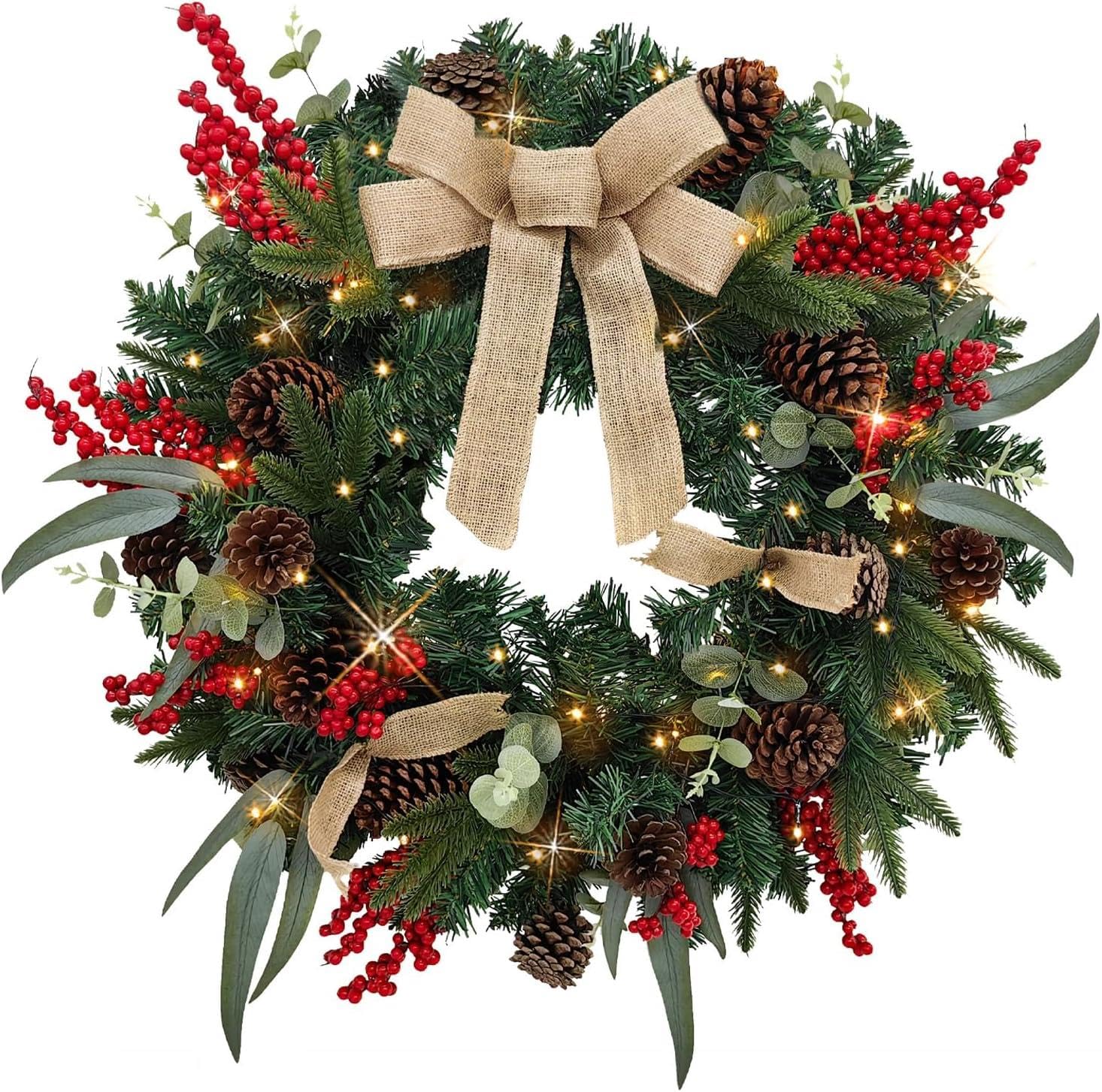 Thrink Rustic Pinecone & Berry 60Cm Pre-Lit Artificial Christmas Xmas Wreath – Battery Operated With 35 Led Lights, Green Leaves, Red Berries, Pine Cones & Linen Bow – Front Door Holiday Home Decor (Rustic Pinecone & Berry)