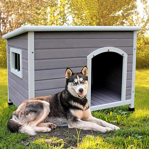Miniatura 7 de HiCaptain Casa para perros de 40 pulgadas para exteriores, resistente a la intemperie, casas para perros medianos de madera con piso elevado y