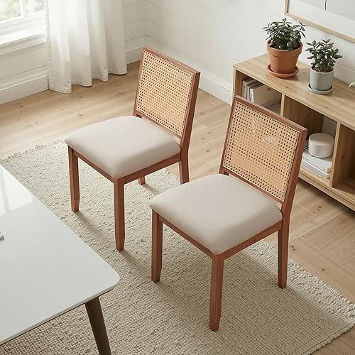 Rattan Dining Chairs Set of 2, Modern Upholstered Armless Cane