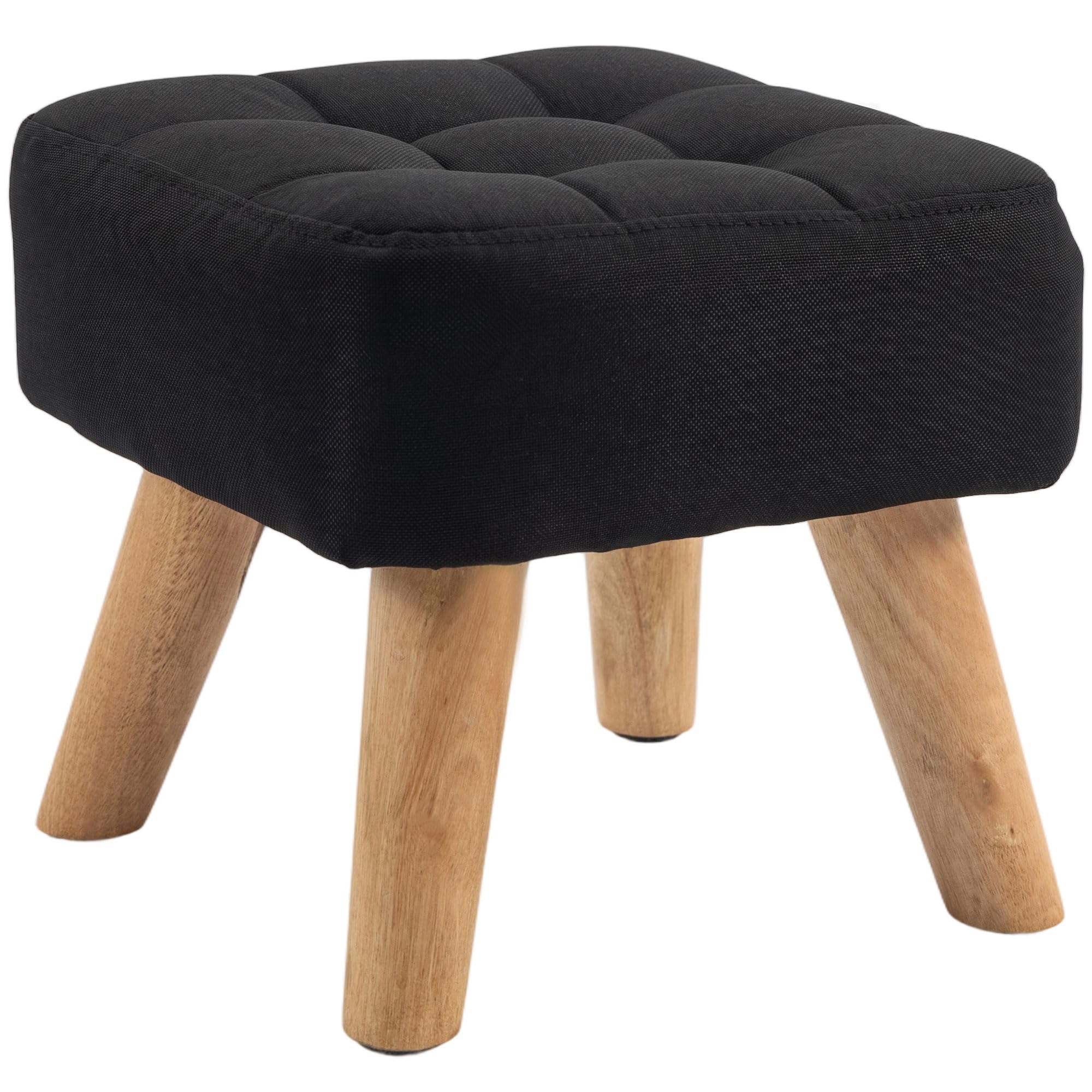 HOMCOM Modern Tufted Footstool, Linen Fabric Foot Stool with Rubber Wood Legs, Padded Seat, for Living Room, Bedroom, Entryway, Black
